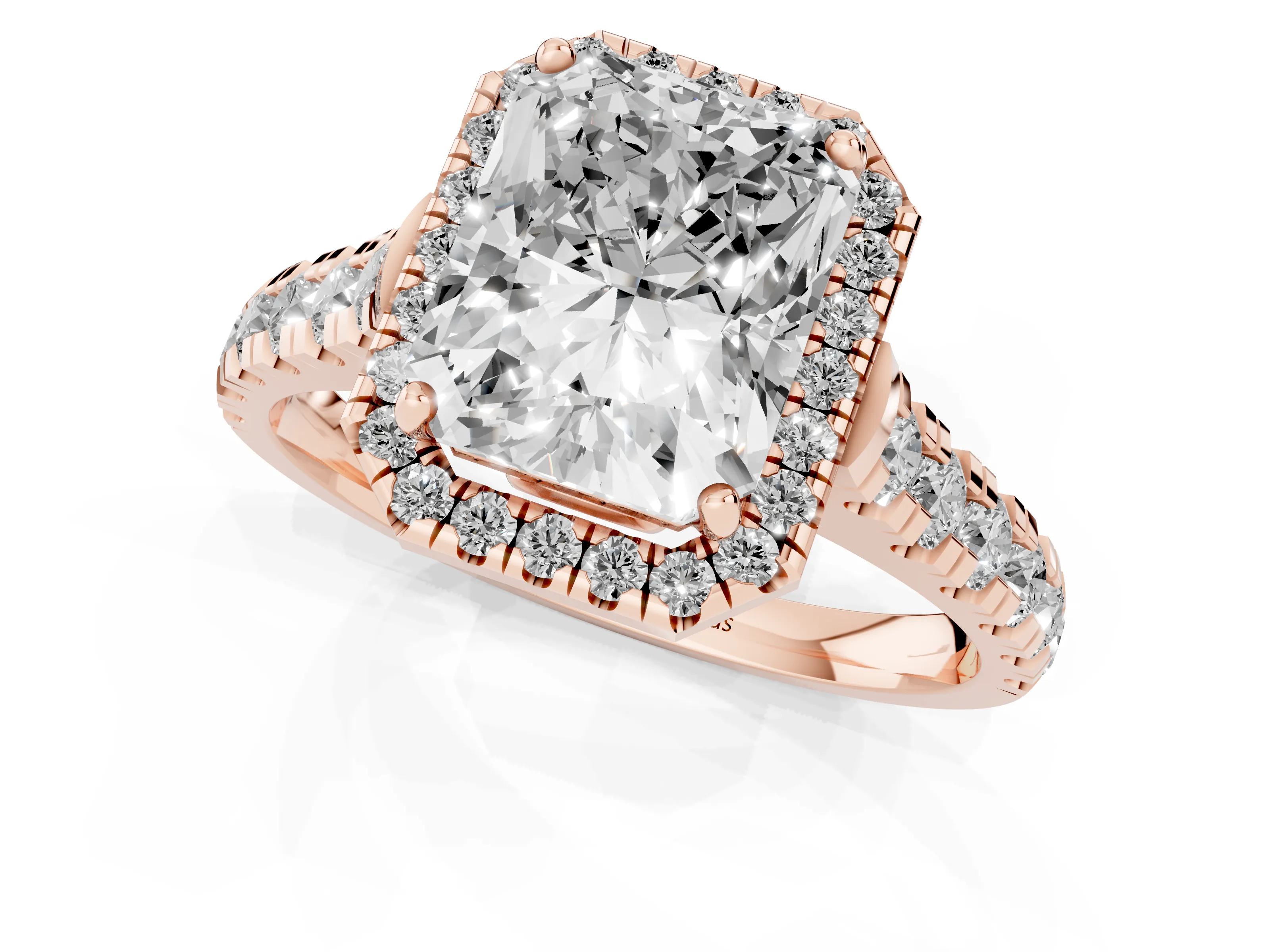 Radiant Cut Diamond Halo Engagement Ring Set in Rose gold with Pavé Band and Prong-Set Center
