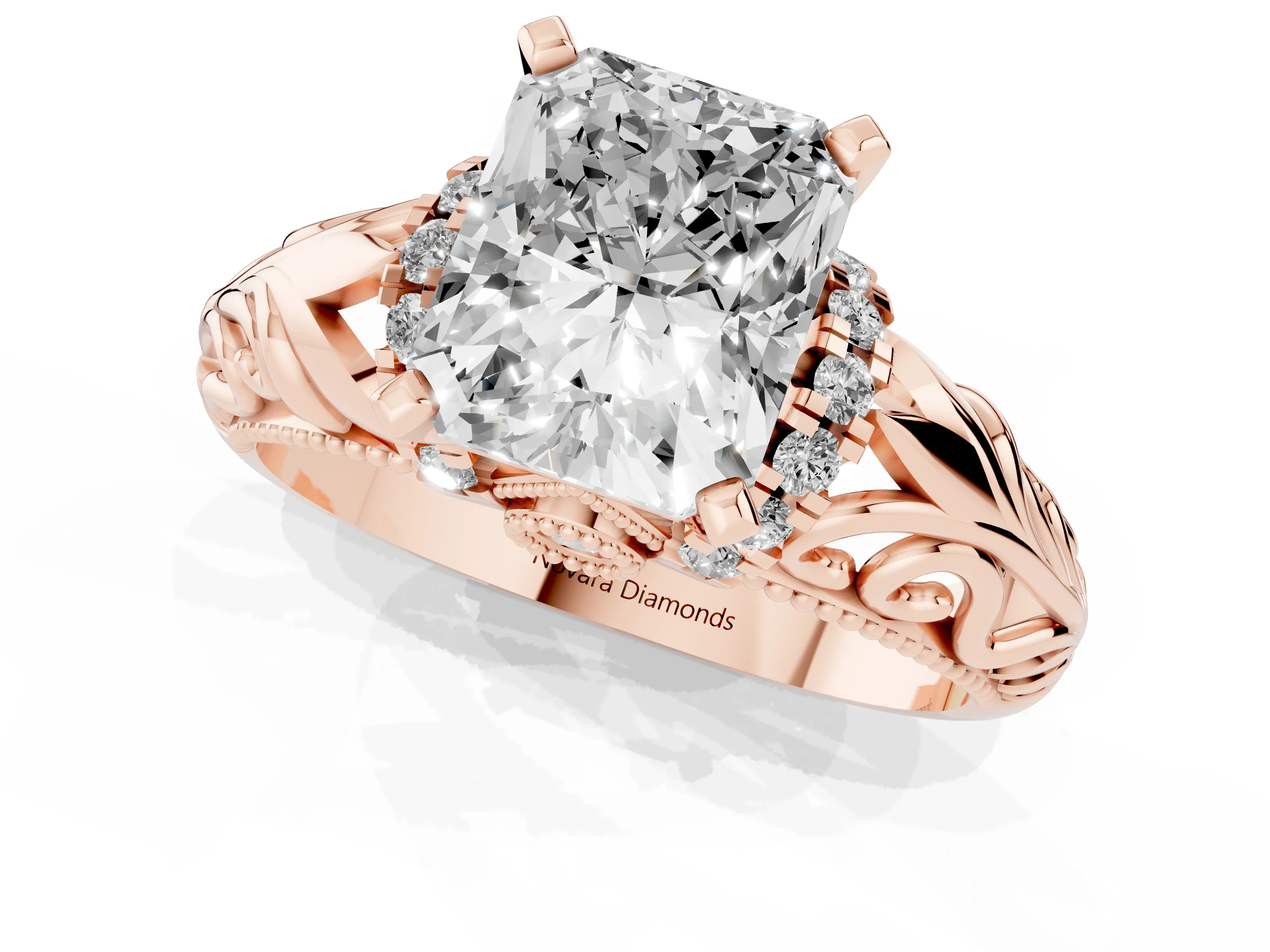 Radiant Cut Diamond Filigree Halo Engagement Ring Set in Rose gold with Prong Setting