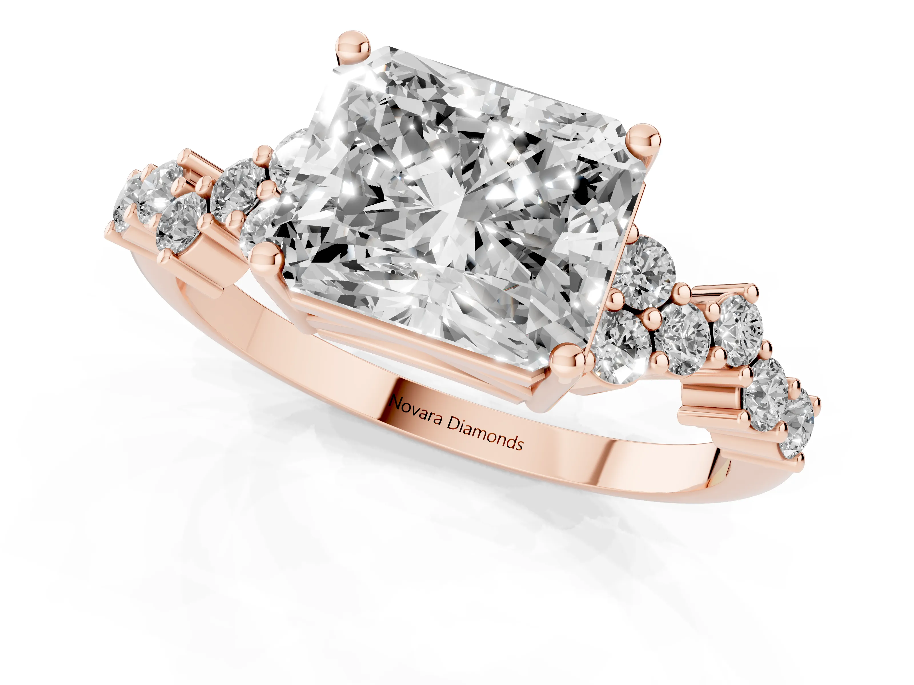 Radiant Cut Diamond Ring Set in Rose gold with Scattered Round Accents