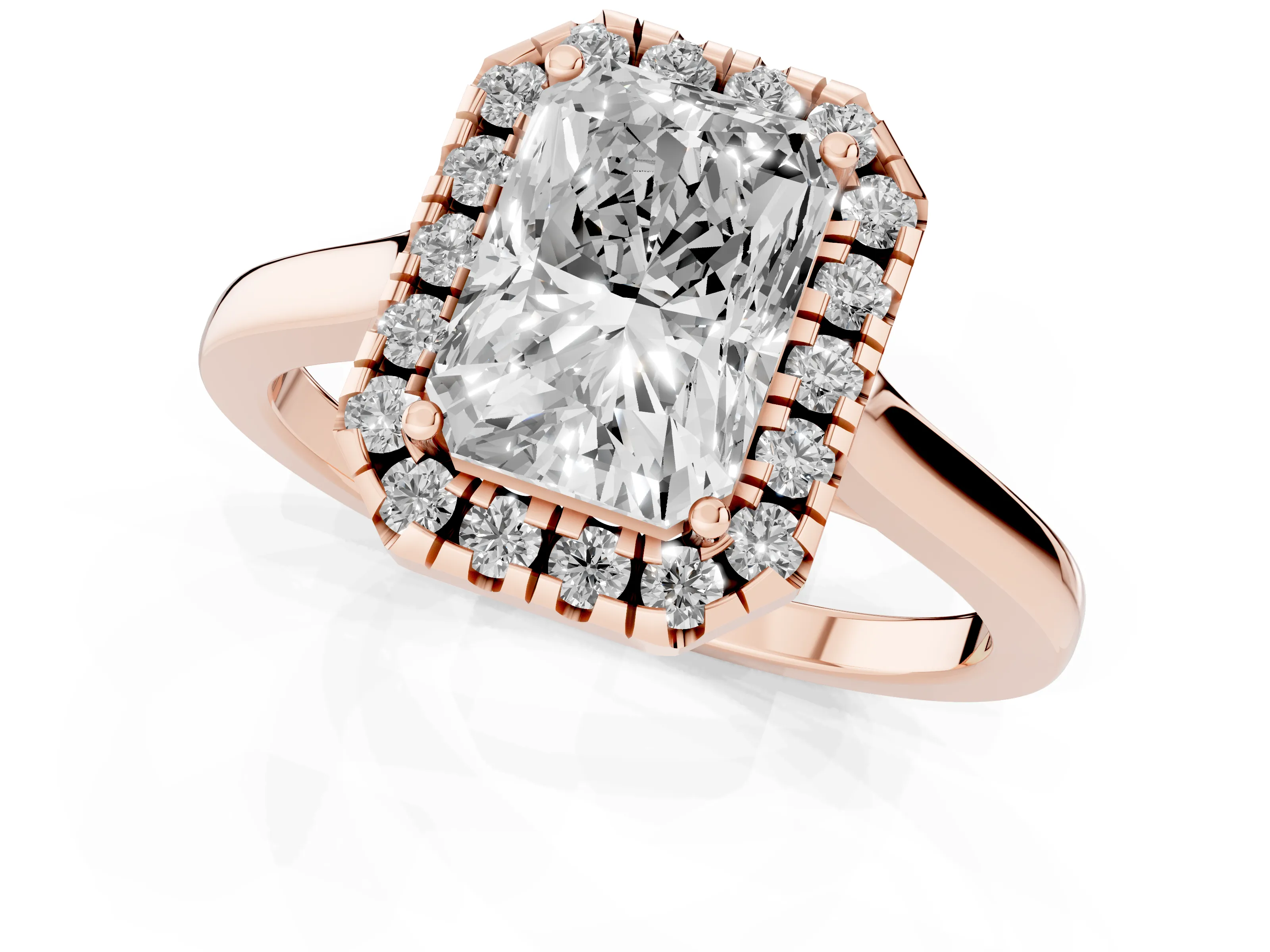 Radiant Cut Halo Round Diamond Solitaire Ring Set in Rose gold with Pavé Band and Prong Setting