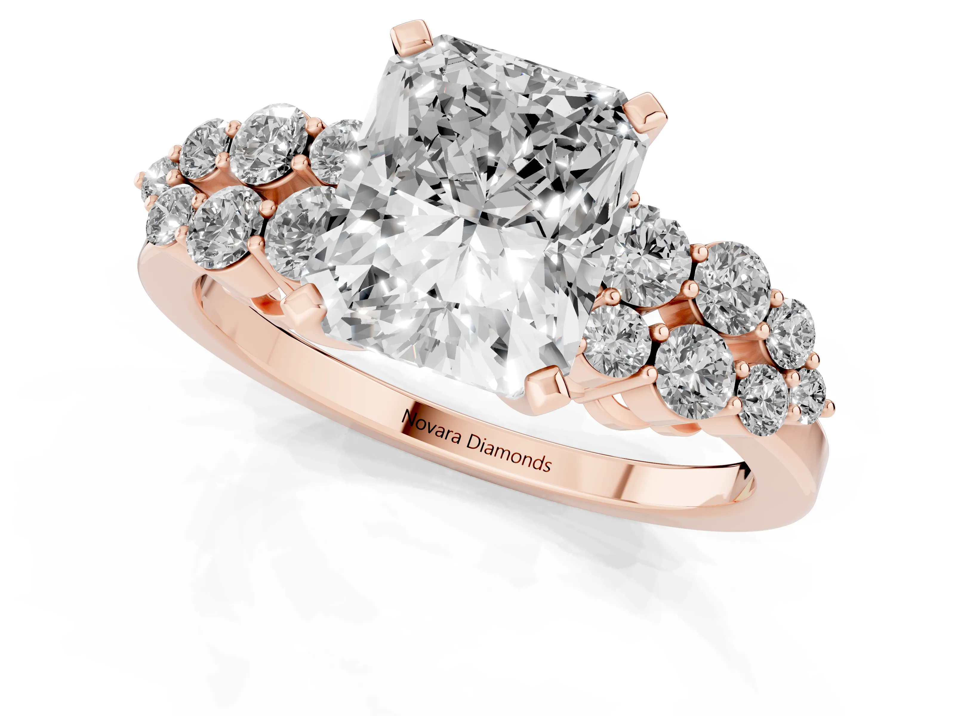Radiant Cut Diamond Cluster Engagement Ring Set in Rose gold with Pavé Band and Prong Setting