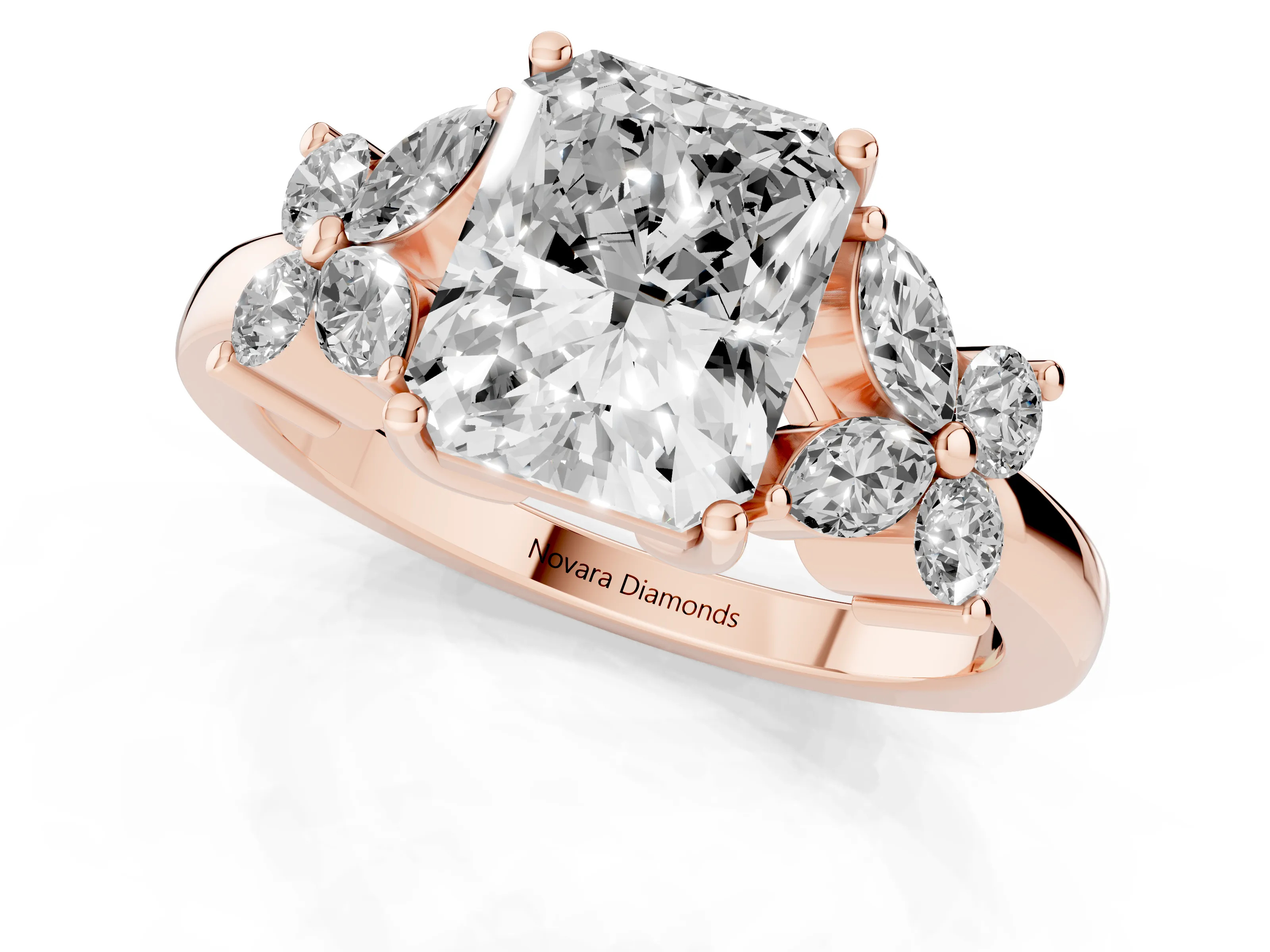 Radiant Cut Diamond Floral Cluster Ring Set in Rose gold with Marquise Petals and Prong Setting