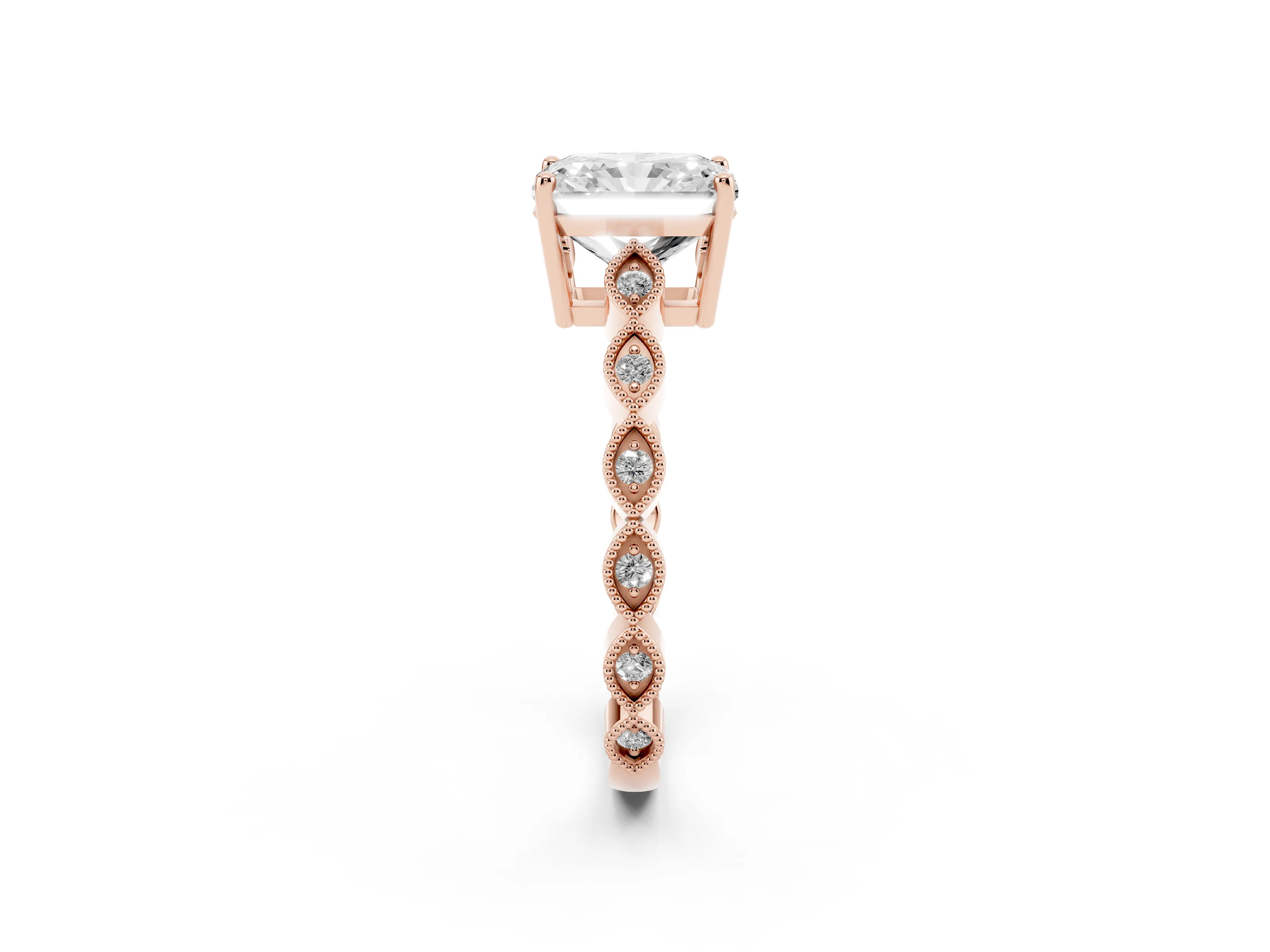 Radiant Cut Diamond Solitaire Ring Set in Rose gold with Infinity Twist Pavé Band