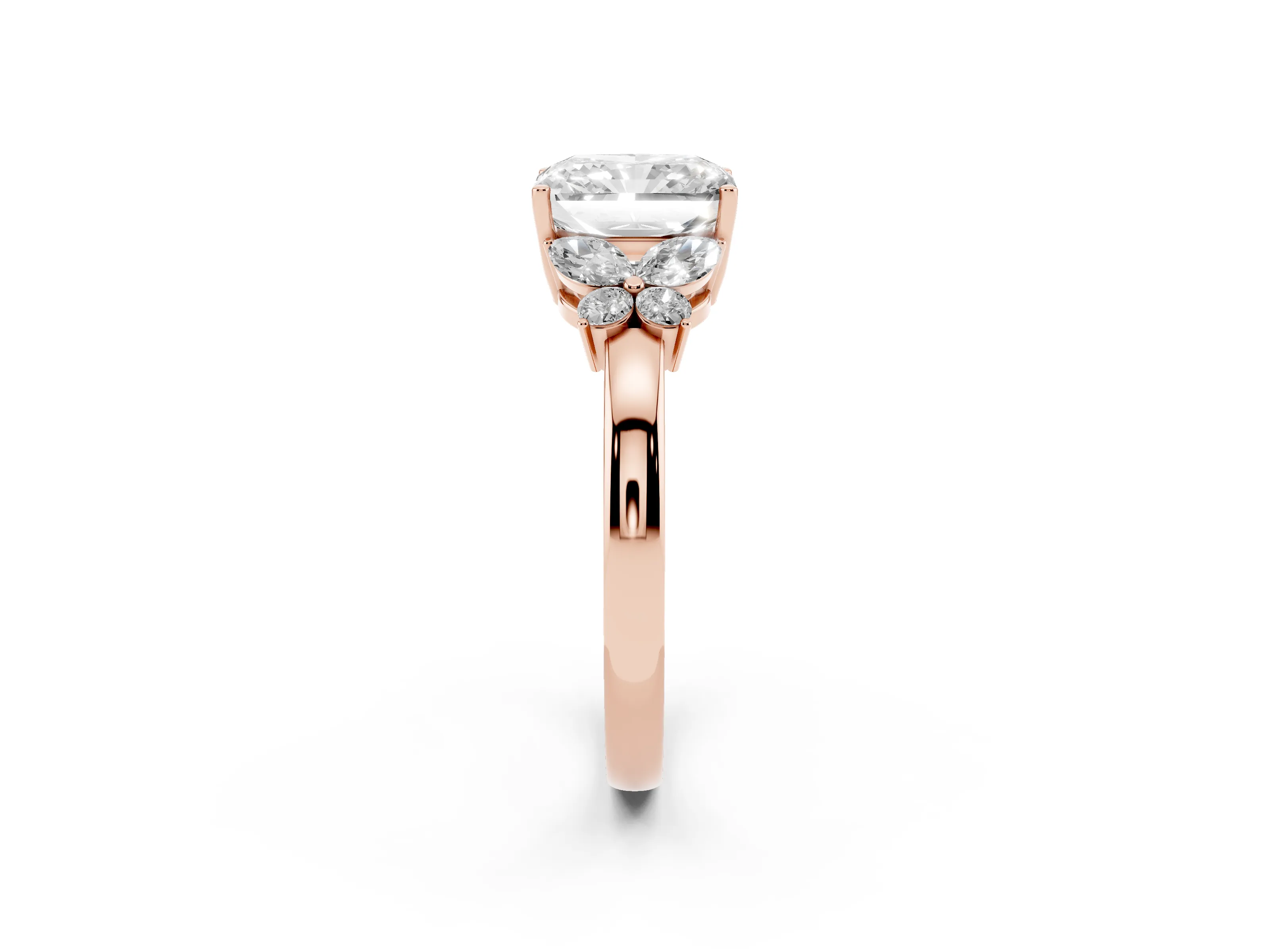 Radiant Cut Diamond Solitaire Floral Ring Set in Rose gold with Marquise Petals and Prong Setting