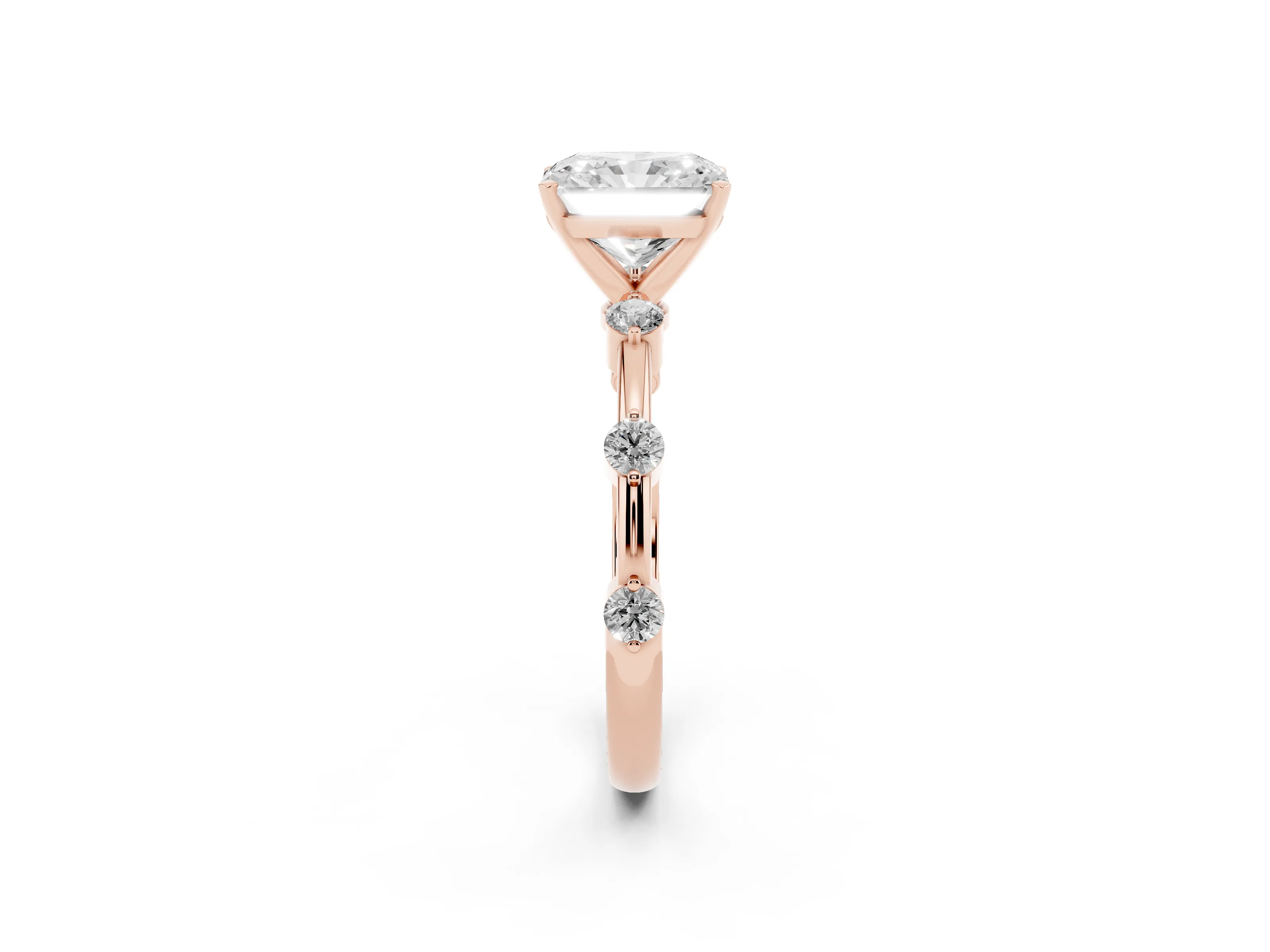 Radiant Cut Diamond Solitaire Ring Set in Rose gold with Bezel Set Side Stones and Prong Setting