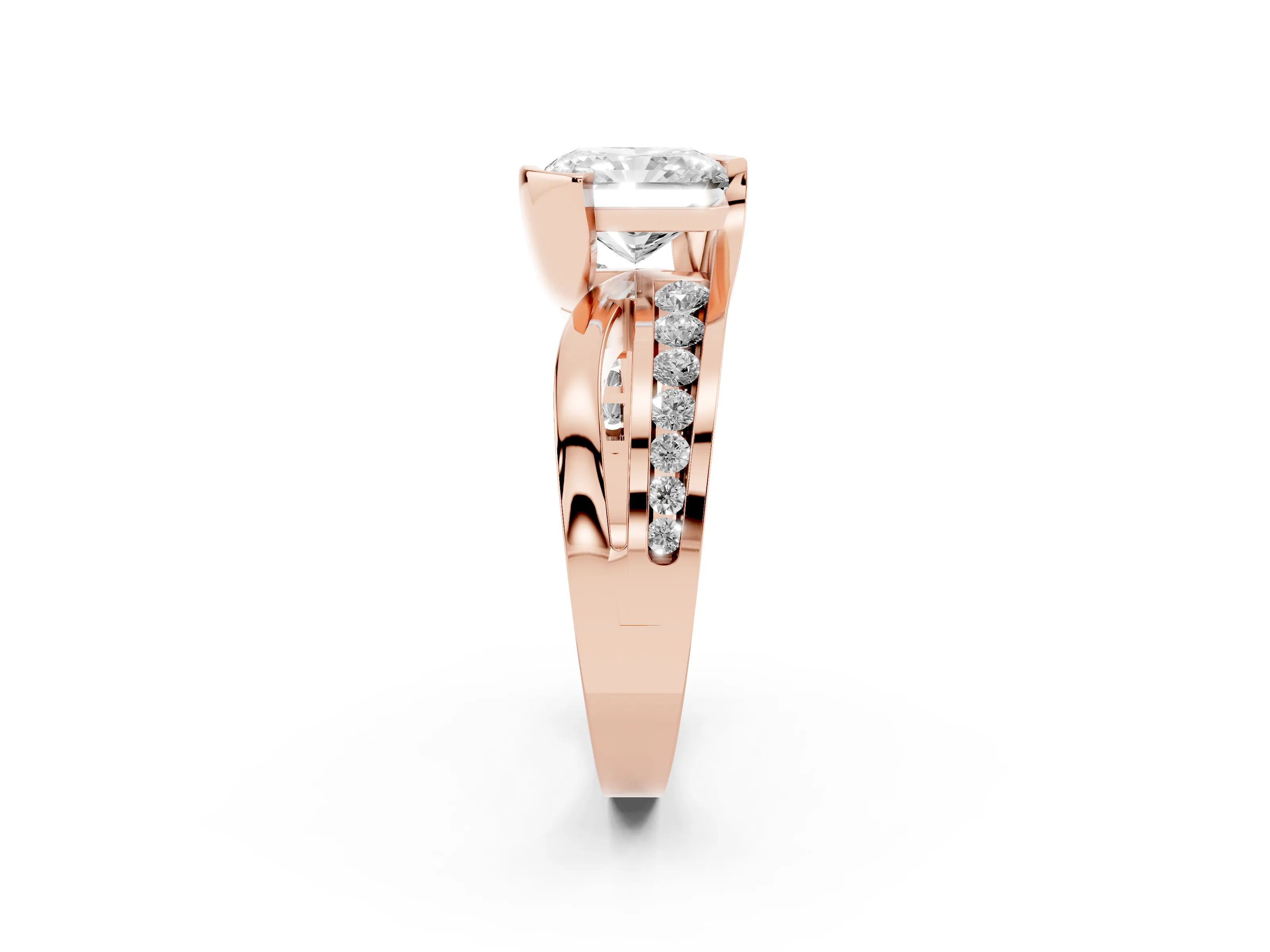 Radiant Cut Diamond Solitaire Ring Set in Rose gold with Channel Set Split Shank and Tension Prongs