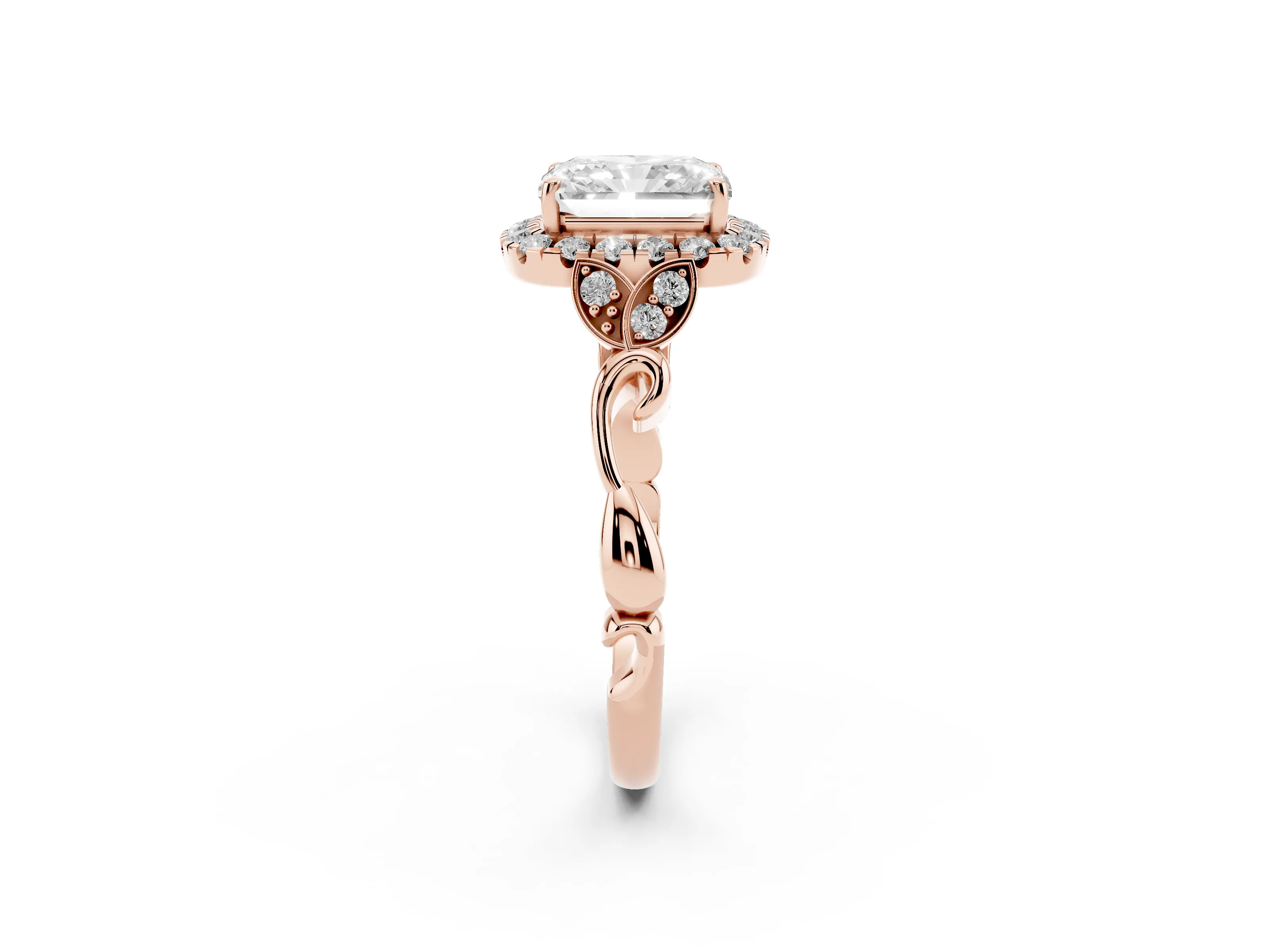 Radiant Cut Diamond Halo Engagement Ring Set in Rose gold with Vintage-Inspired Band and Prong Setting