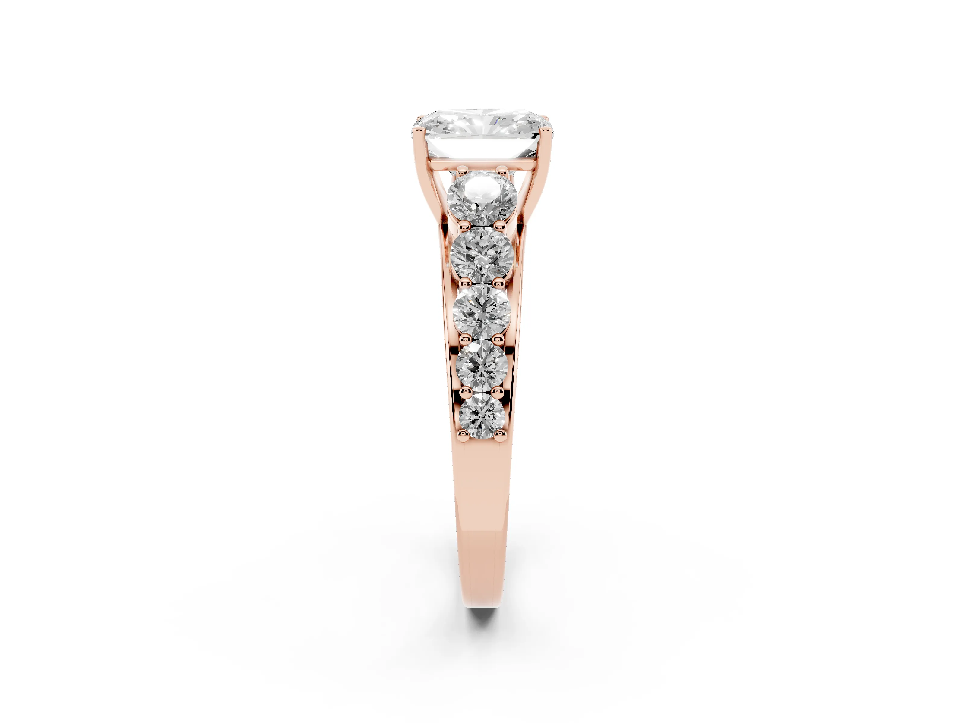 Radiant Cut Diamond Solitaire Ring Set in Rose gold with Pavé-Set Band and Prong Setting