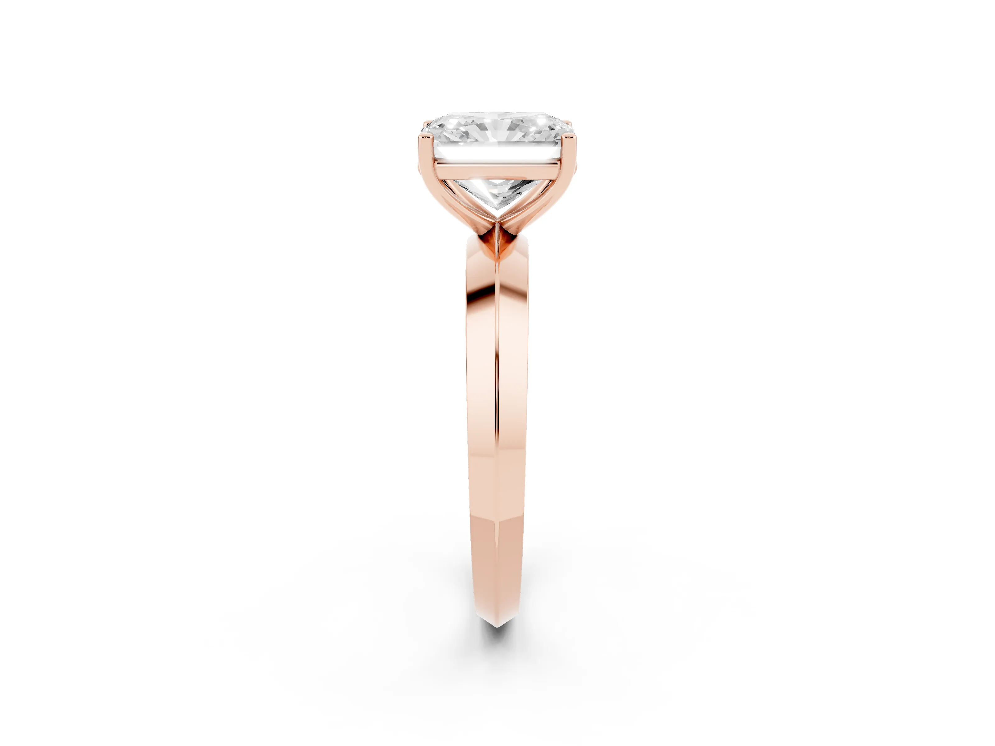 Radiant Cut Diamond Solitaire Engagement Ring Set in Rose gold with Flat Band and Prong Setting