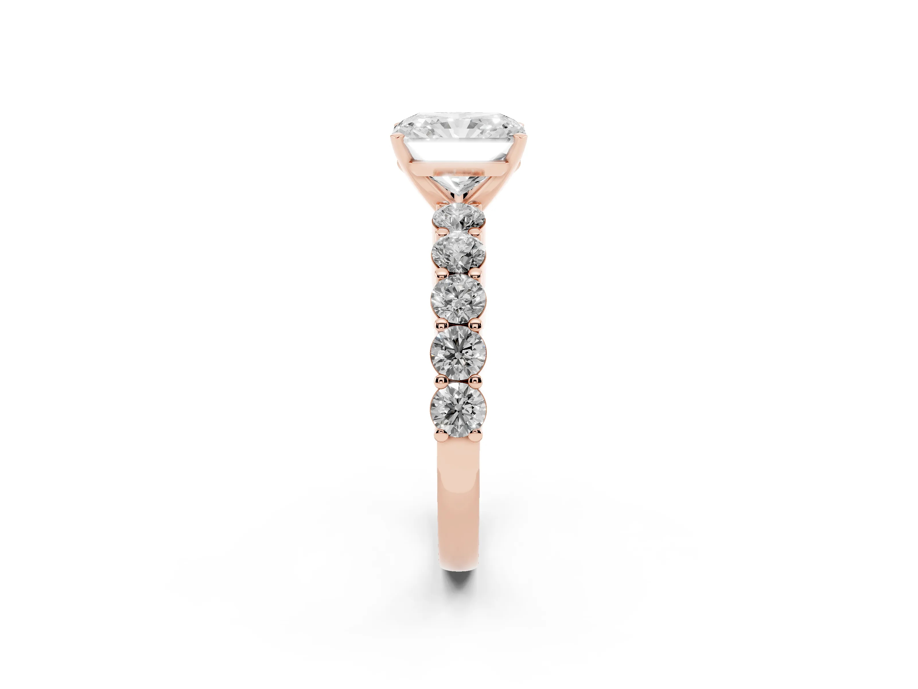 Radiant Cut Diamond Solitaire Ring Set in Rose gold with Shared Prong Round Side Stones