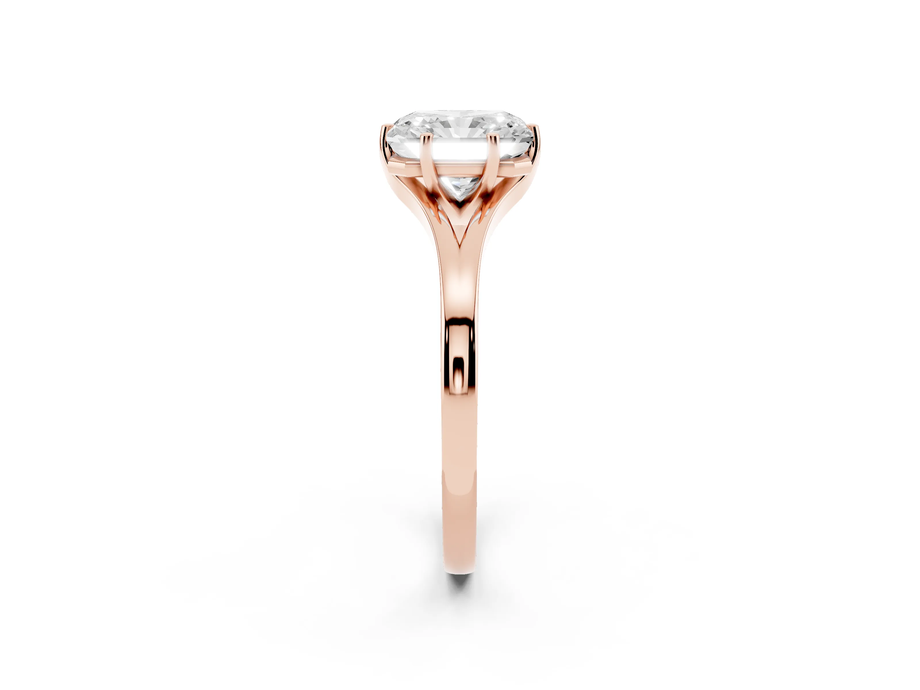 Radiant Cut Diamond Solitaire Ring Set in Rose gold with Polished Tapered Band and Prong Setting