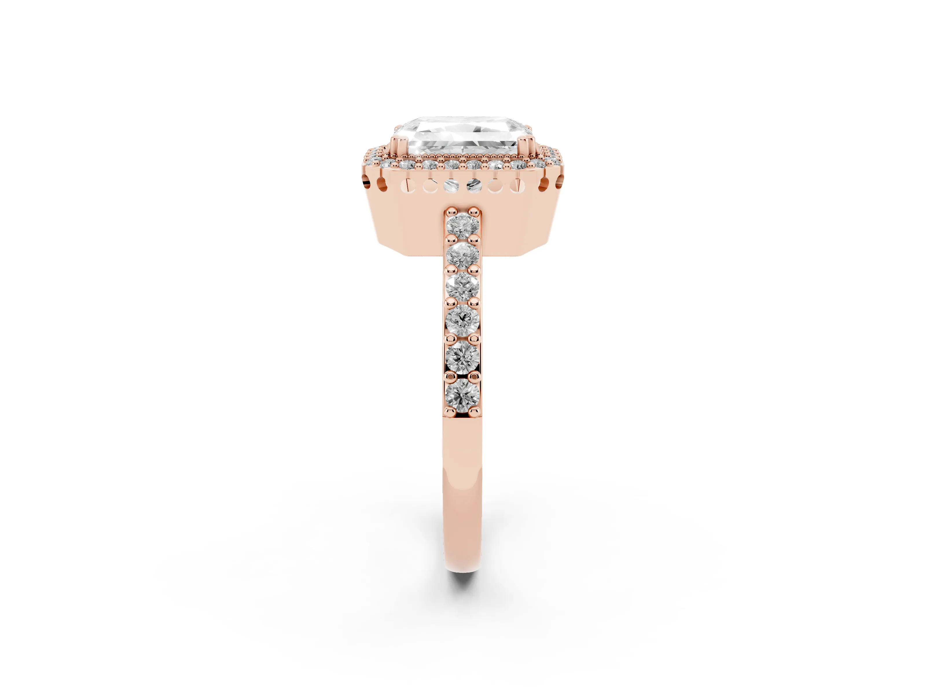 Radiant Cut Diamond Halo Engagement Ring Set in Rose gold with Milgrain Detail and Pavé Band