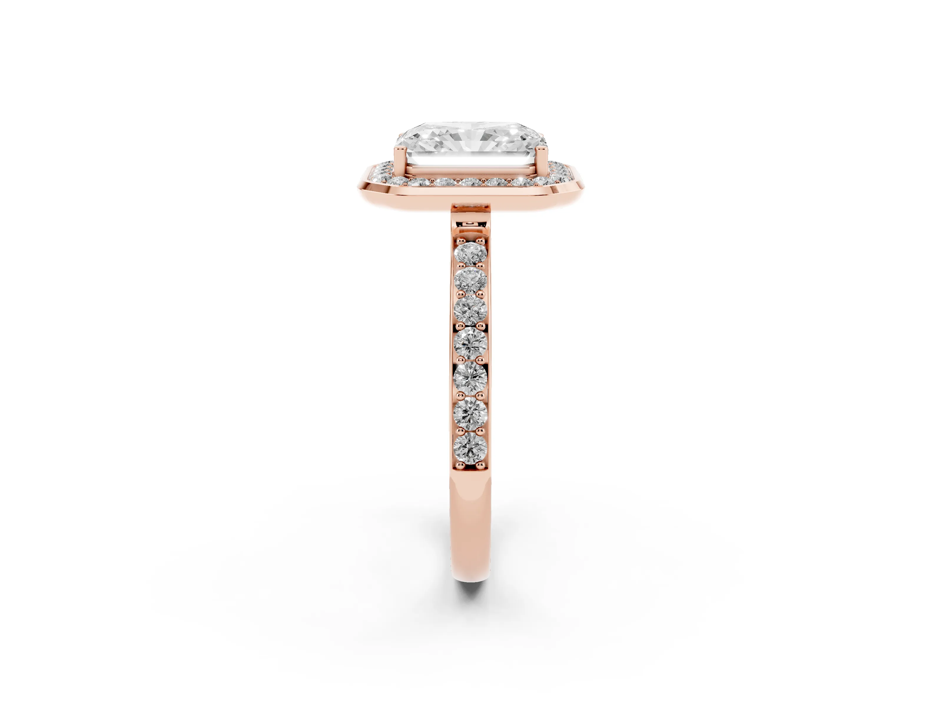 Radiant Cut Diamond Halo Ring Set in Rose gold with Bezel Frame and Pavé Band