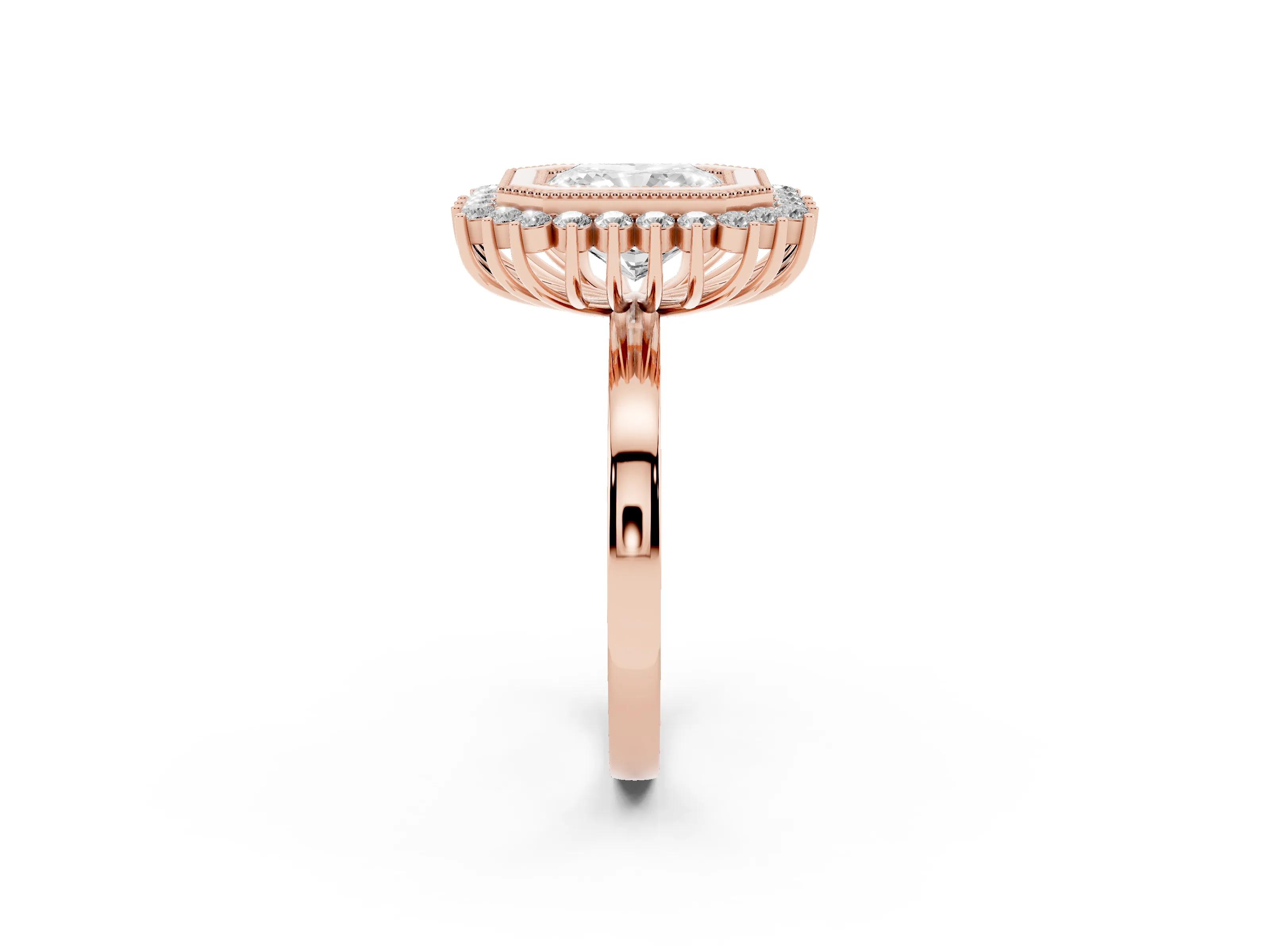 Radiant Cut Diamond Halo Ring Set in Rose gold with Milgrain Edge and Round Prong Setting