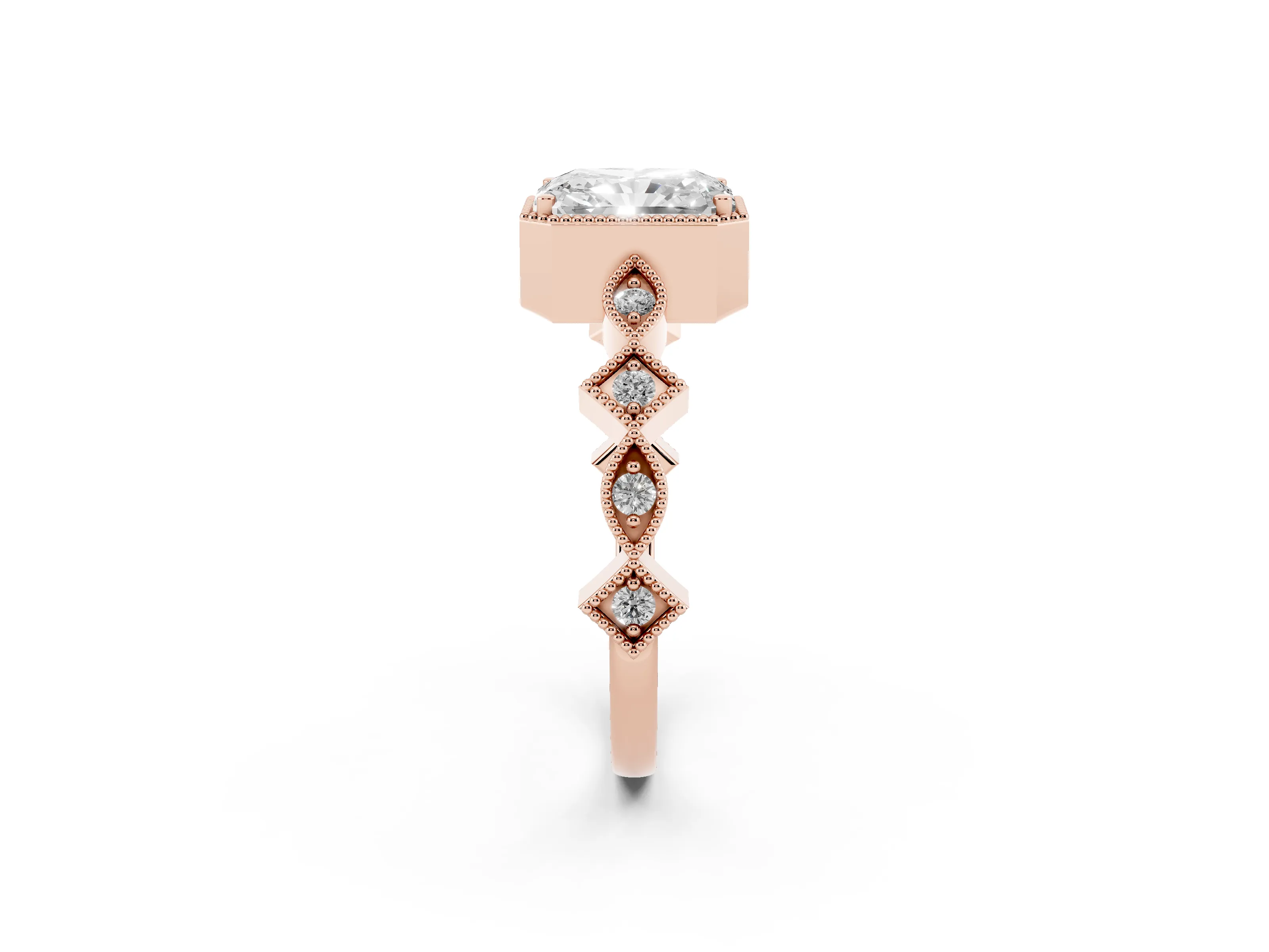 Radiant Cut Diamond Milgrain Marquise Twist Band Ring Set in Rose gold with Prong Setting