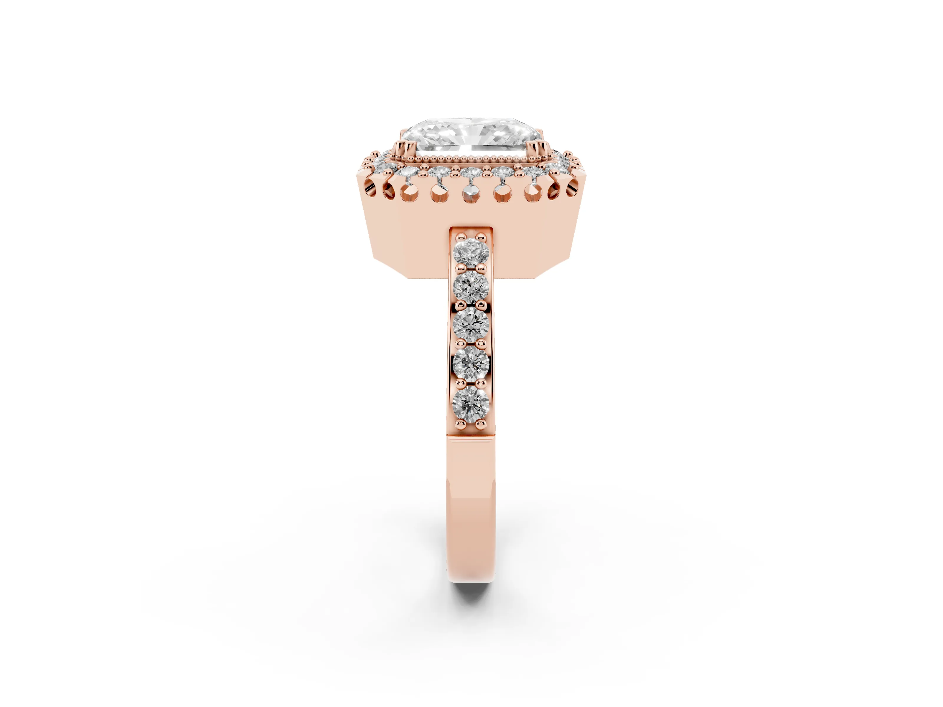 Radiant Cut Diamond Halo Ring Set in Rose gold with Pavé Shank and Prong Setting