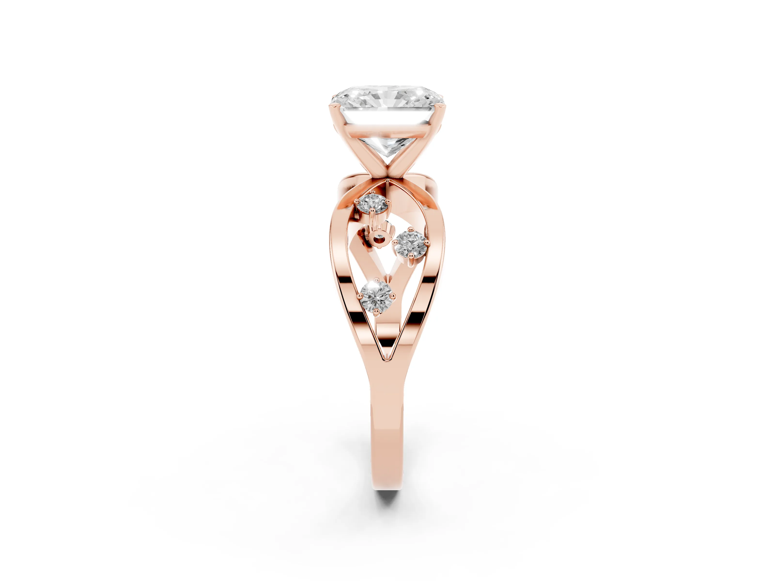 Radiant Cut Diamond Solitaire Ring Set in Rose gold with Side Stones on Criss-Cross Band and Prong Setting
