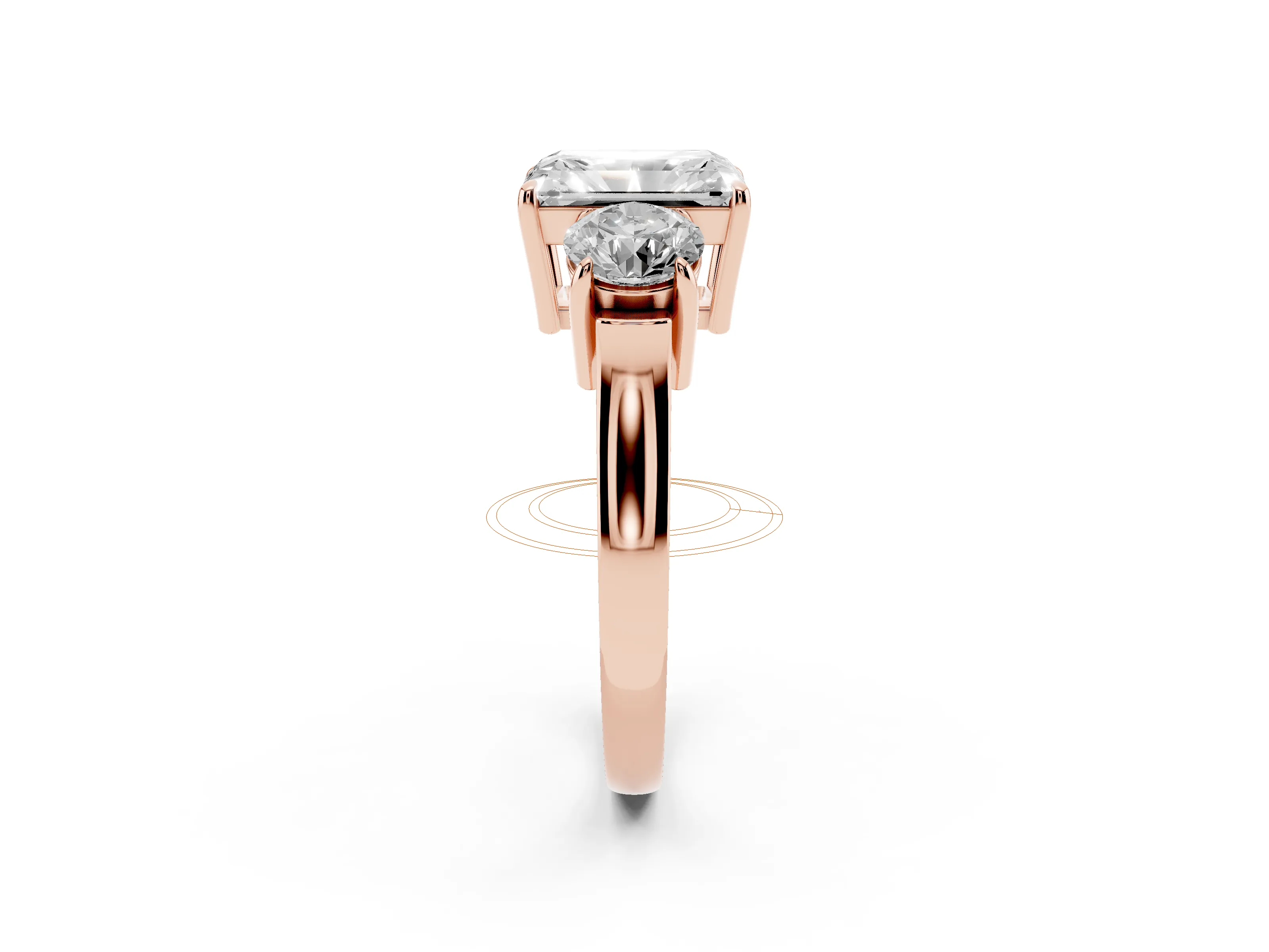Radiant Cut Diamond Three-Stone Ring Set in Rose gold with Round Accent Stones and Plain Band