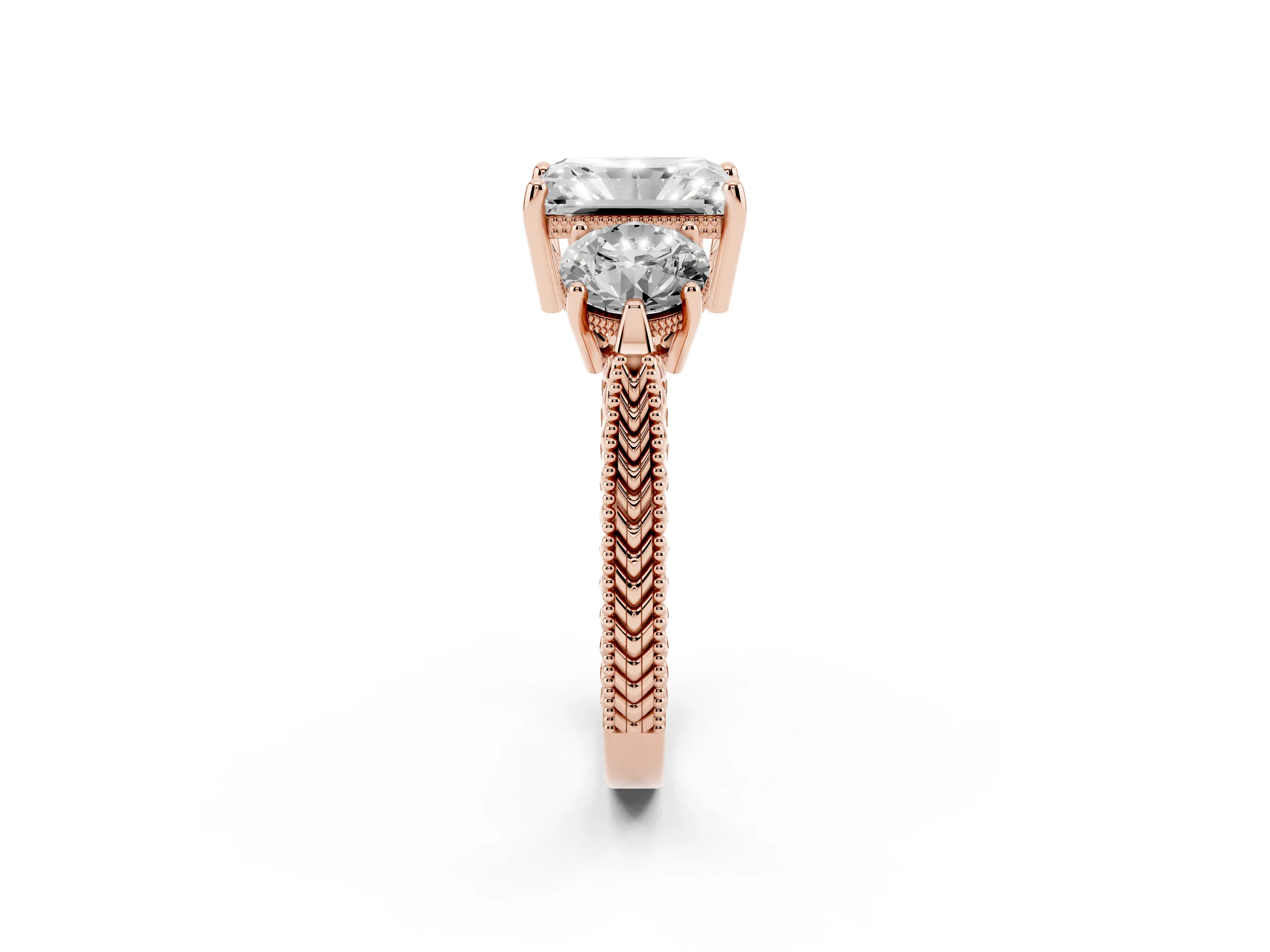 Radiant Cut Diamond Three-Stone Ring Set in Rose gold with Milgrain Band