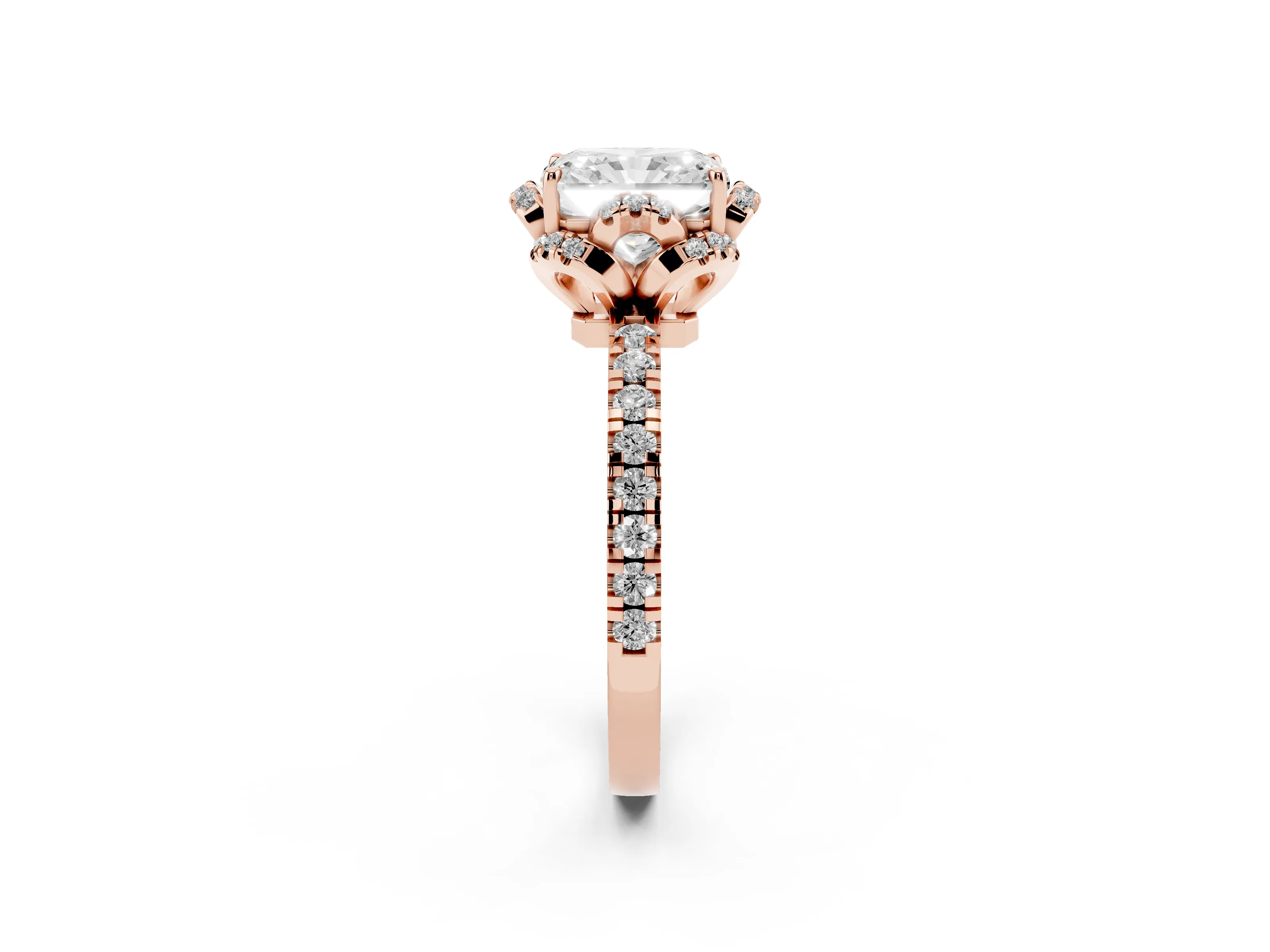Radiant Cut Diamond Halo Pavé Band Ring Set in Rose gold with Prong-Held Center