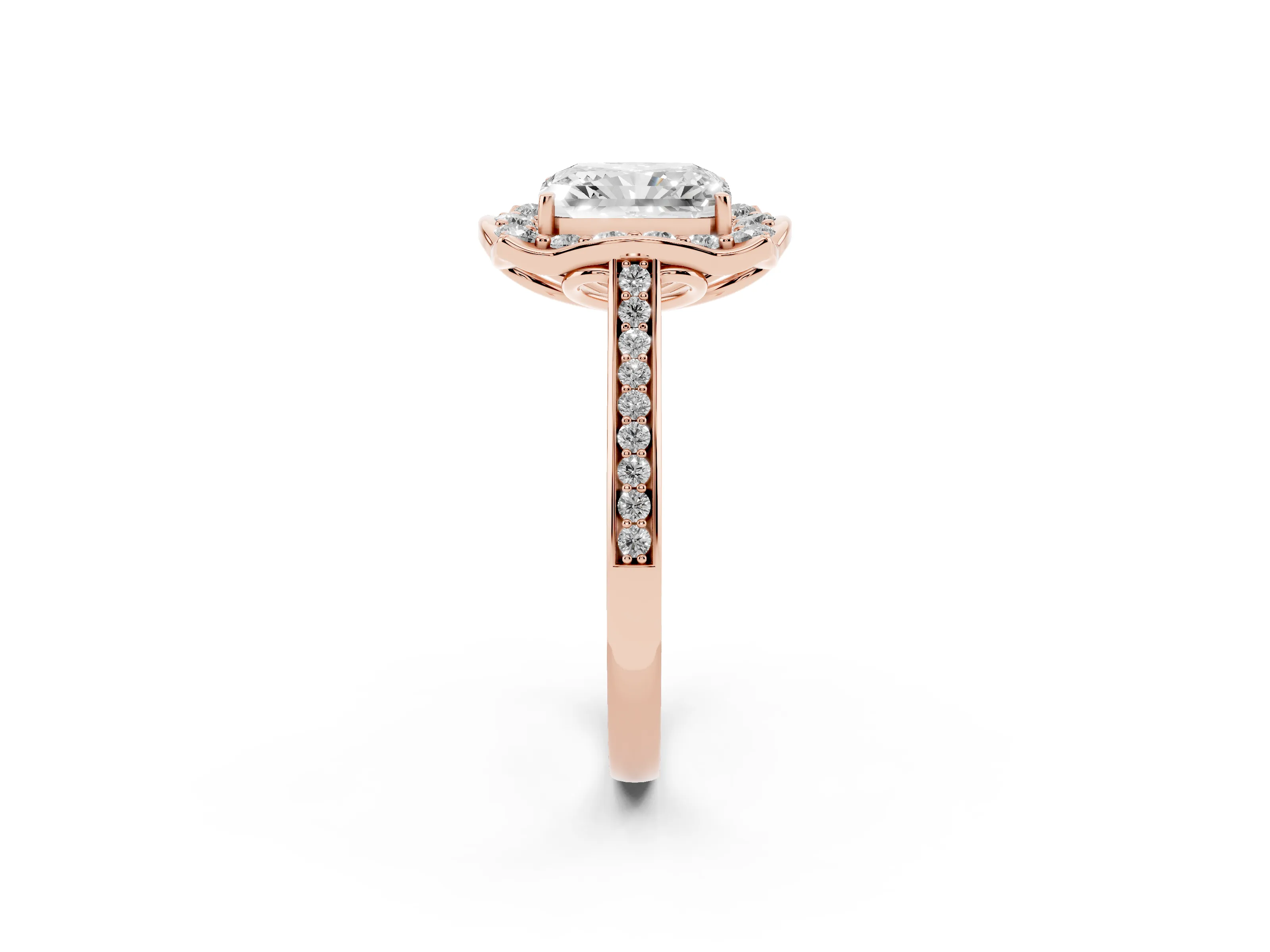 Radiant Cut Diamond Halo Ring Set in Rose gold with Pavé-Lined Shoulders and Prong Setting