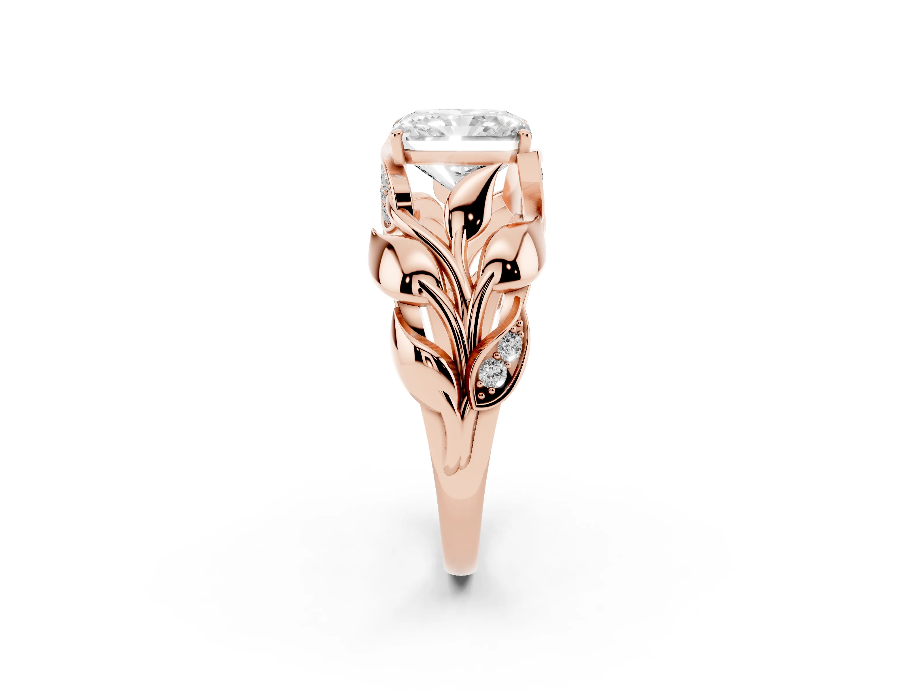 Radiant Cut Diamond Leaf-Inspired Engagement Ring Set in Rose gold with Round Accents