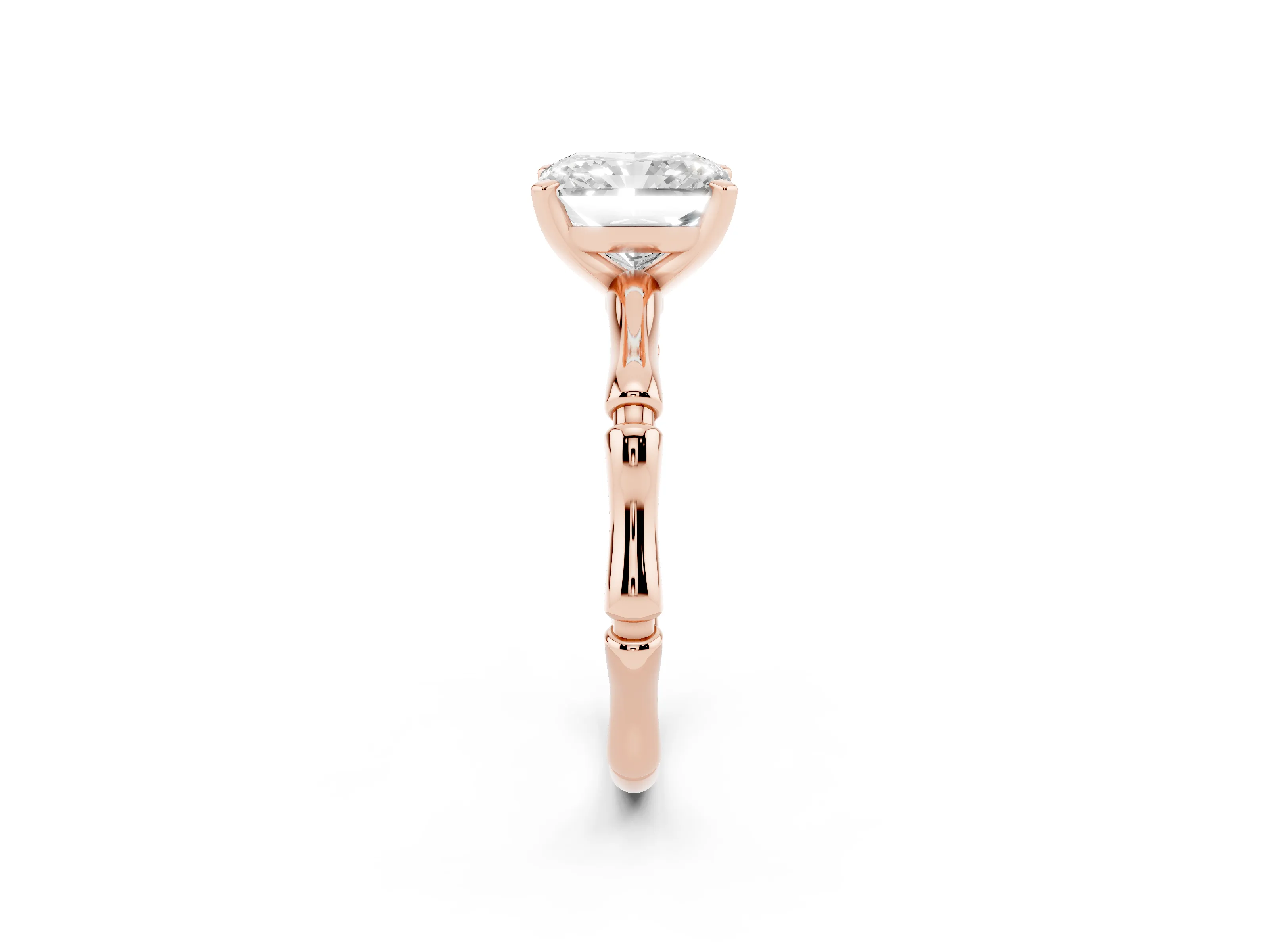 Radiant Cut Diamond Solitaire Ring Set in Rose gold with Bamboo Band and Prong Setting