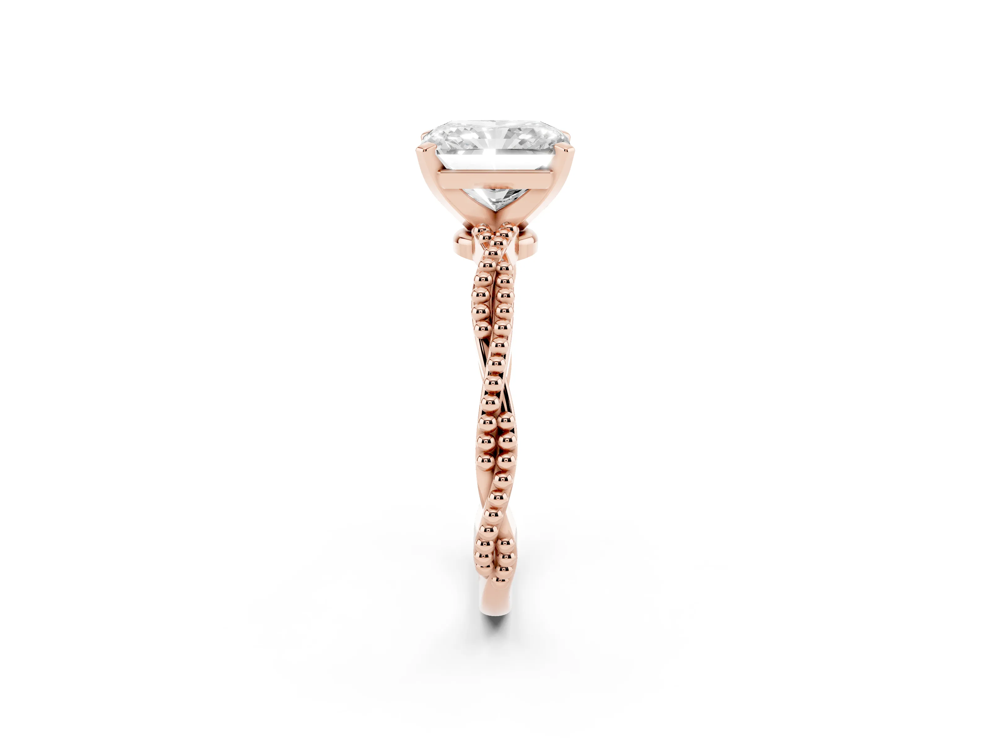 Radiant Cut Diamond Solitaire Ring Set in Rose gold with Twisted Band and Bead Prong Setting