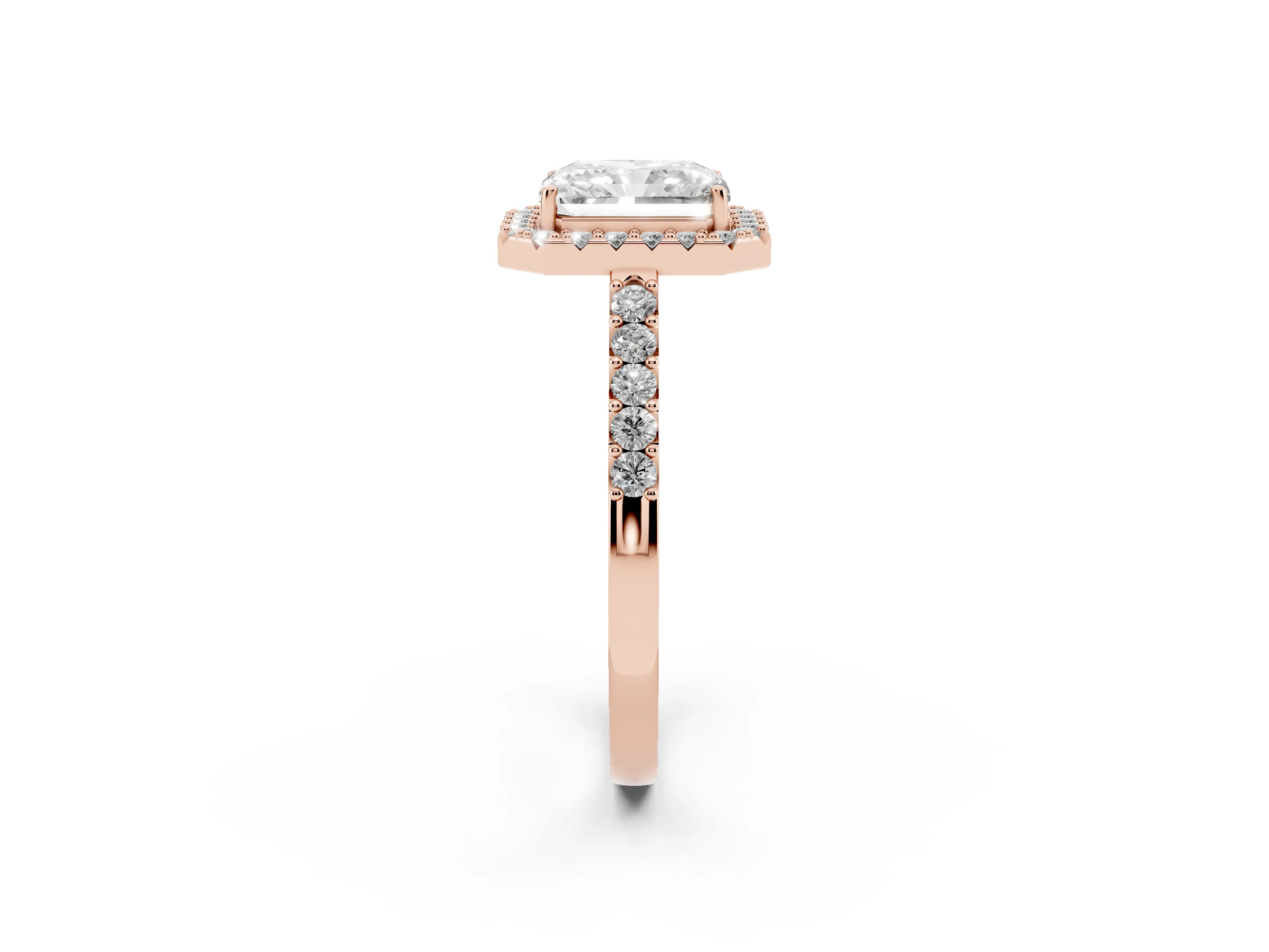 Radiant Cut Diamond Halo Pavé Solitaire Ring Set in Rose gold with Prong-Set Center Stone