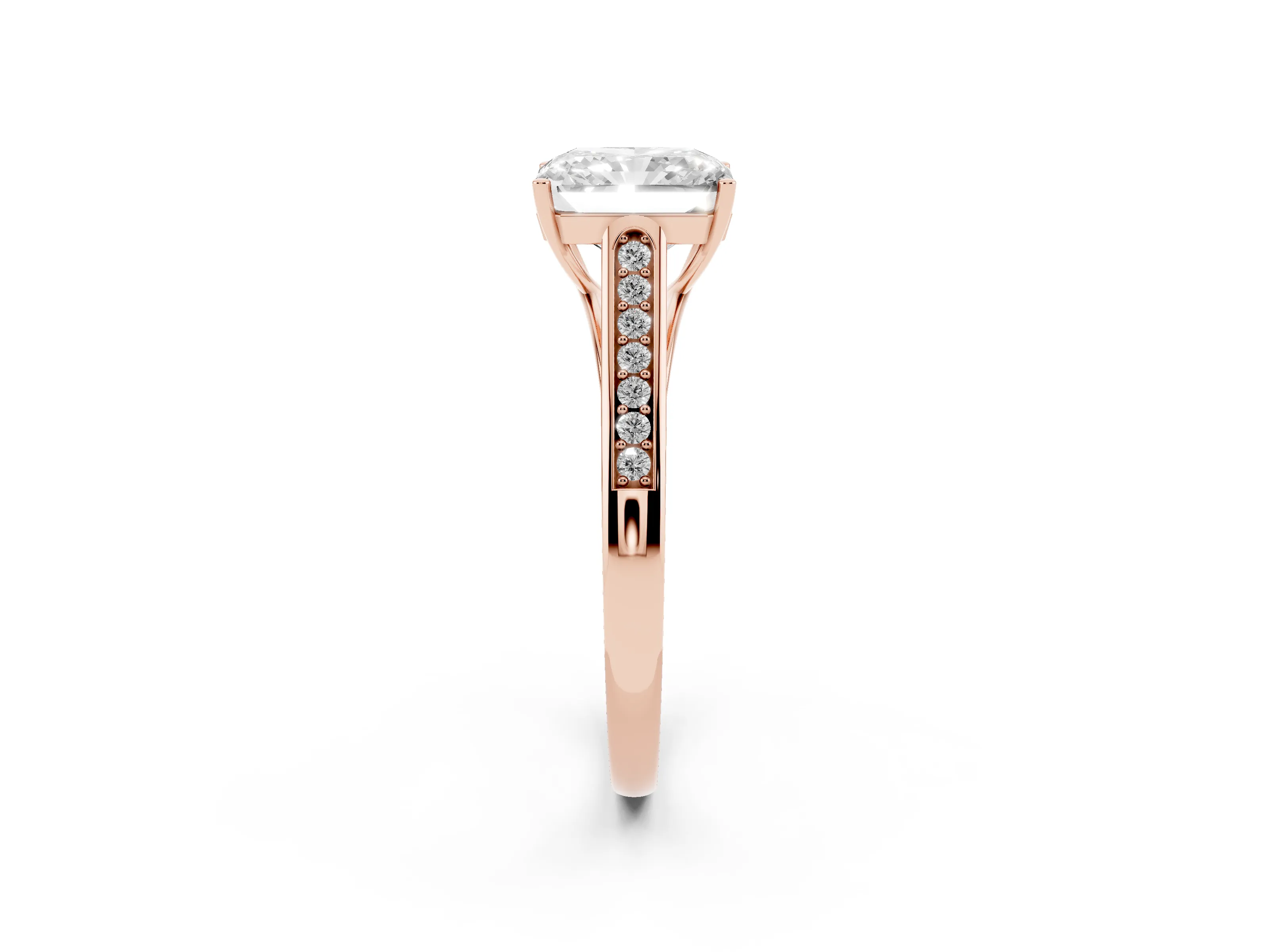 Radiant Cut Diamond Solitaire Cathedral Engagement Ring Set in Rose gold with Channel-Set Band and Prong Setting