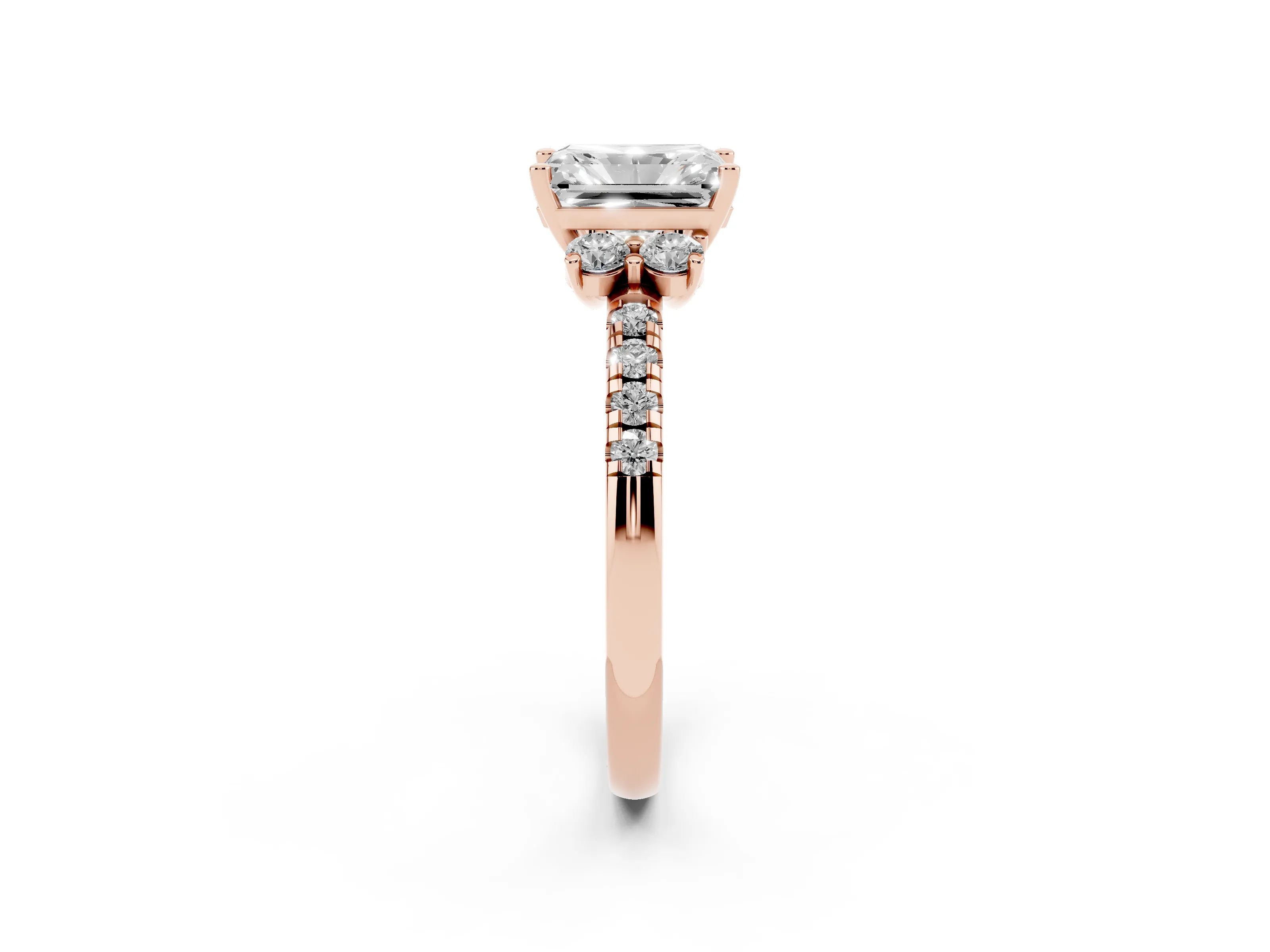 Radiant Cut Diamond Three-Stone Pavé Ring Set in Rose gold with Prong Setting