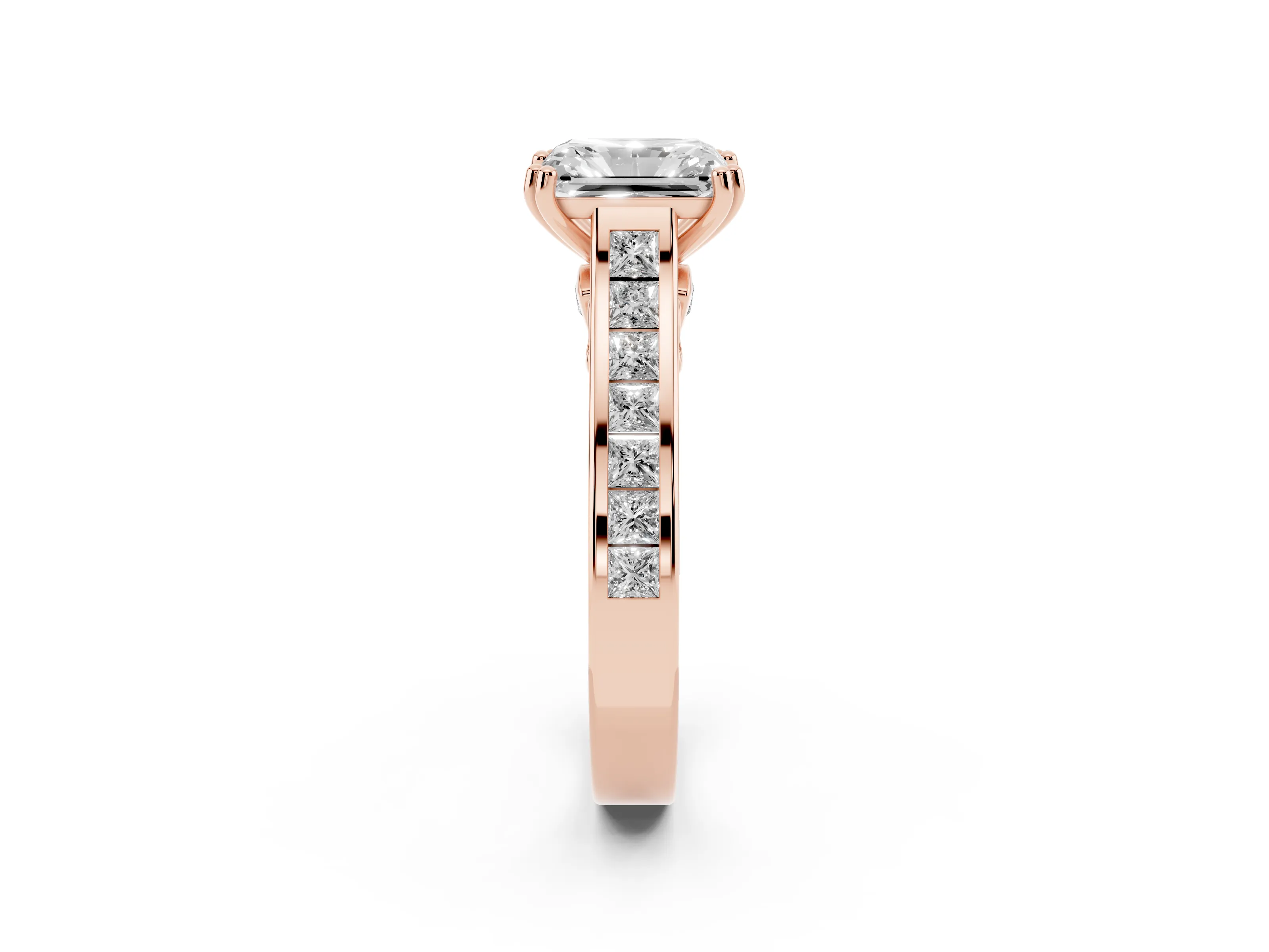 Radiant Cut Cathedral Channel Set Engagement Ring Setting | Double Claw Prongs | Rose Gold