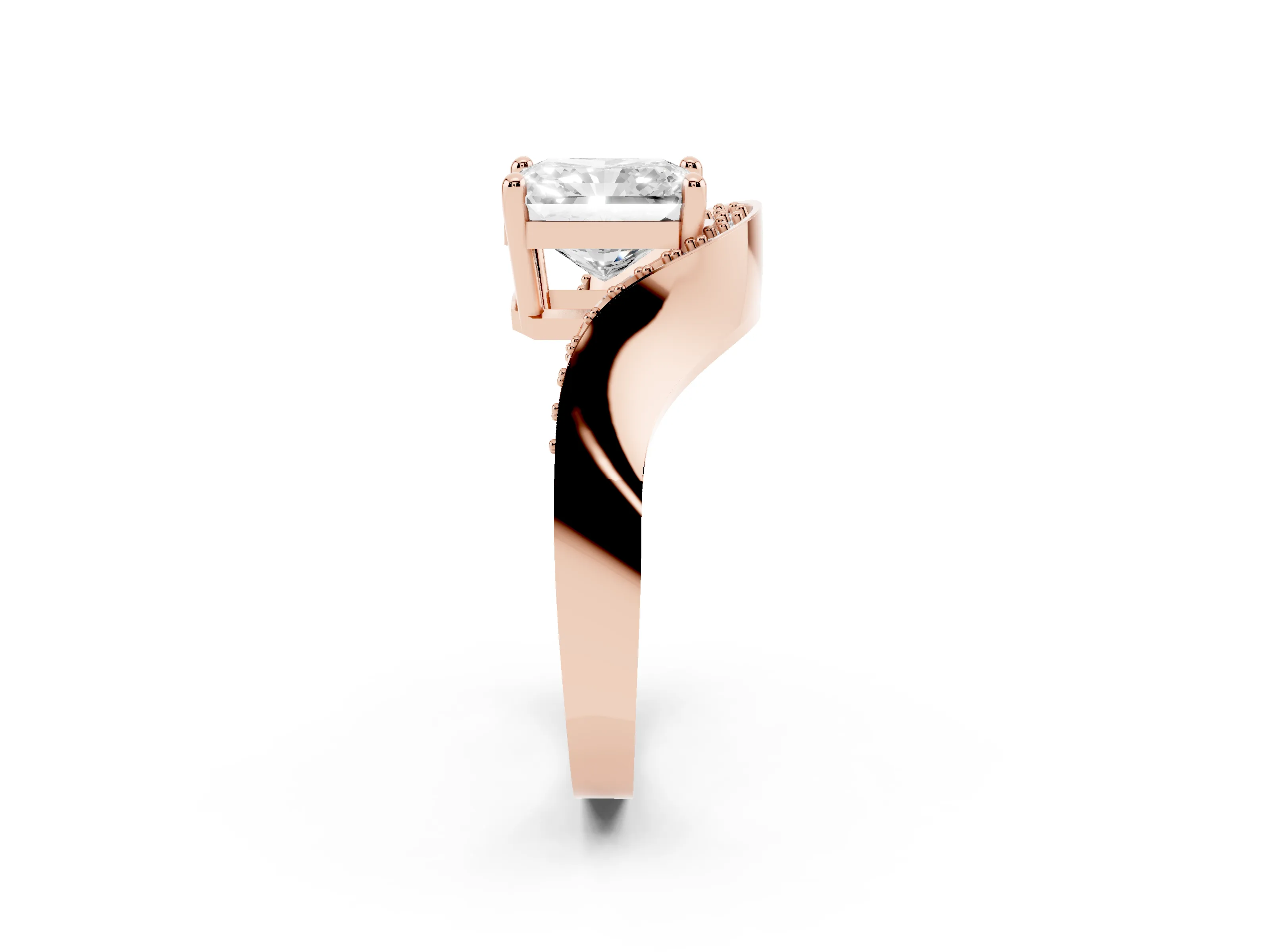 Radiant Cut Diamond Solitaire Engagement Ring Set in Rose gold with Pavé Shoulders