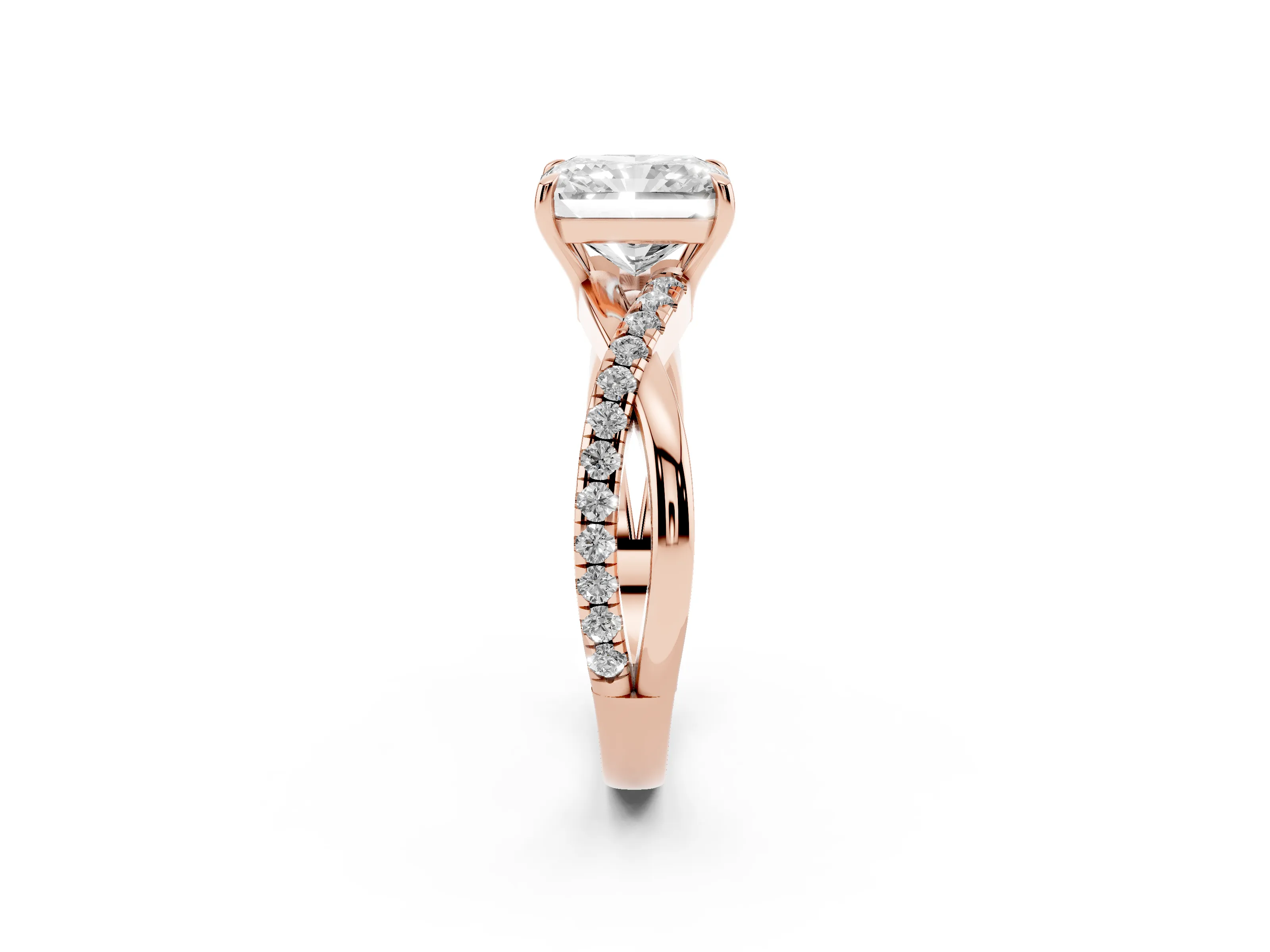 Radiant Cut Diamond Twisted Pavé Band Ring Set in Rose gold with Prong Setting