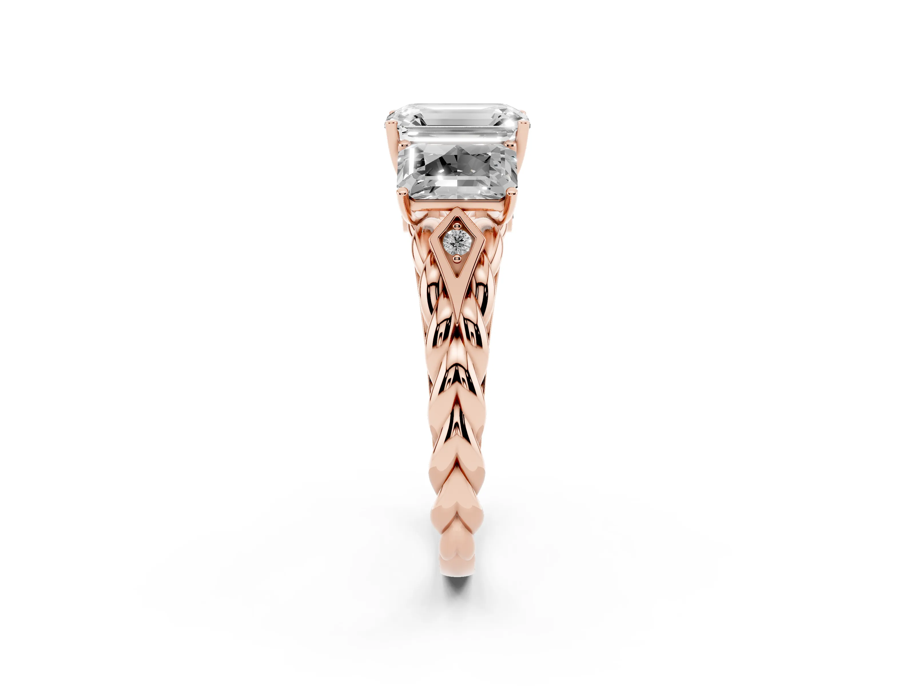 Radiant Cut Diamond Three-Stone Ring Set in Rose gold with Braided Band