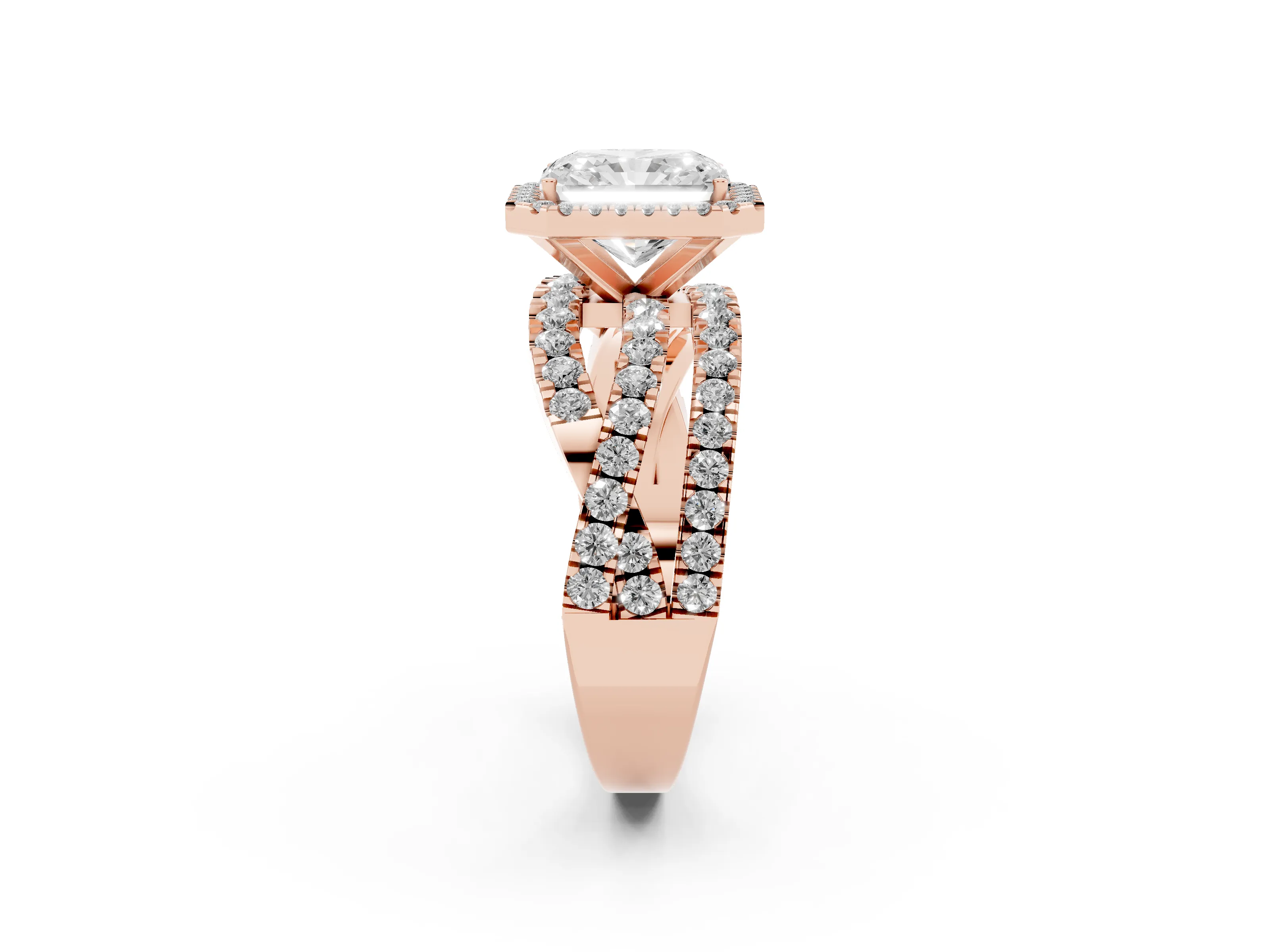 Radiant Cut Diamond Halo Ring Set in Rose gold with Round Crossover Split Shank and Prong Setting