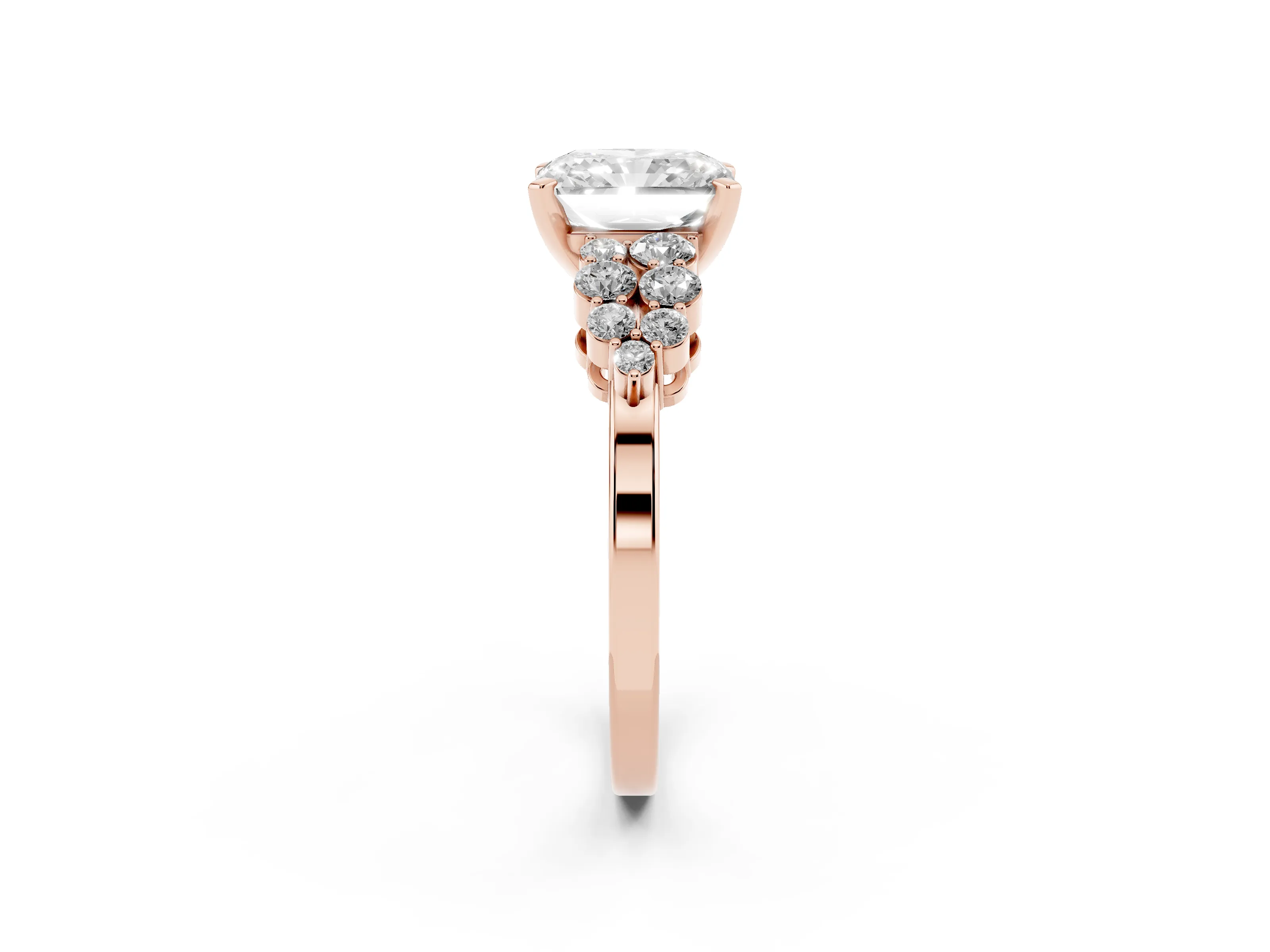 Radiant Cut Diamond Cluster Engagement Ring Set in Rose gold with Pavé Band and Prong Setting