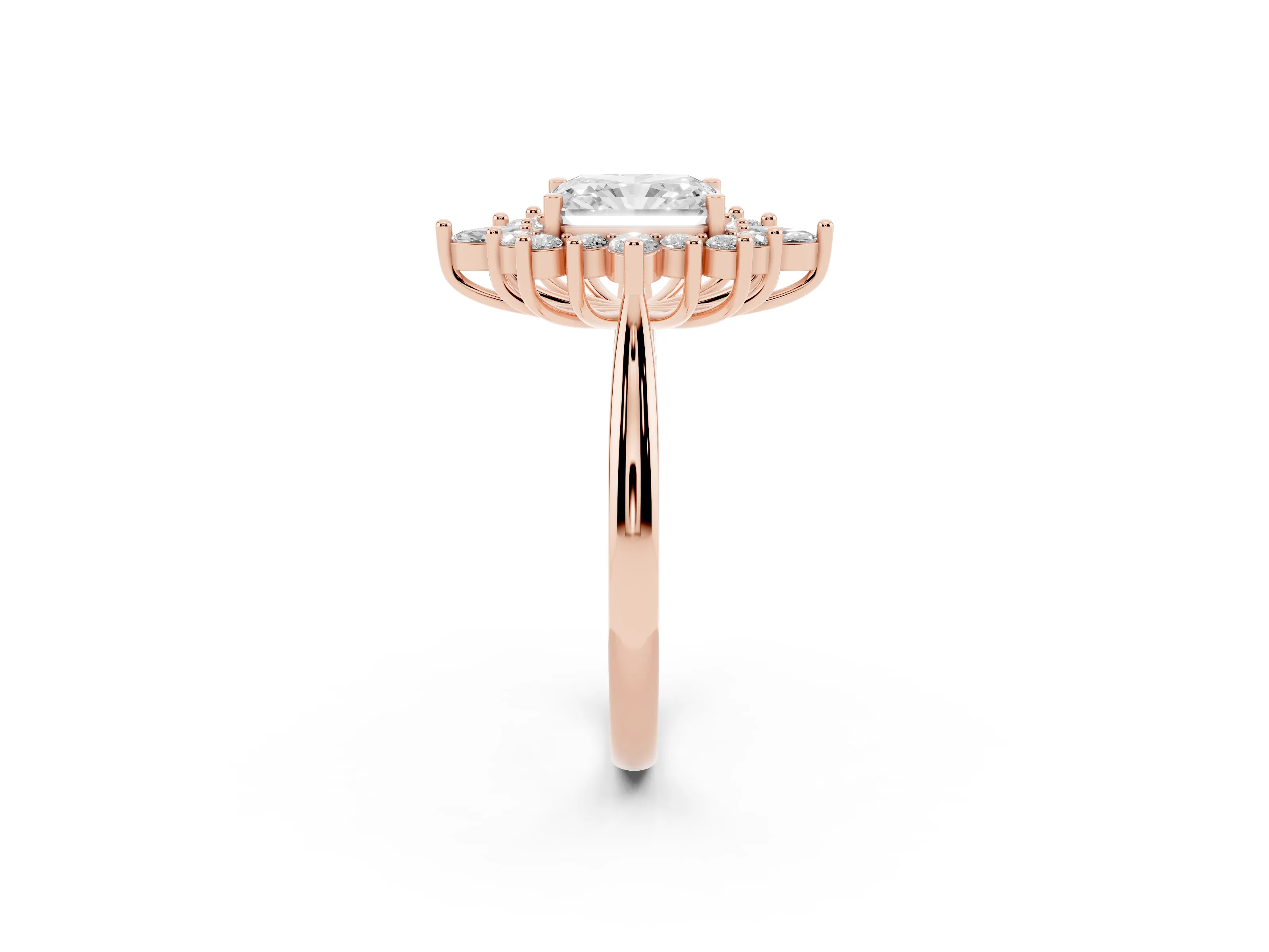 Radiant Cut Diamond Cluster Halo Ring Set in Rose gold with Marquise and Round Accents