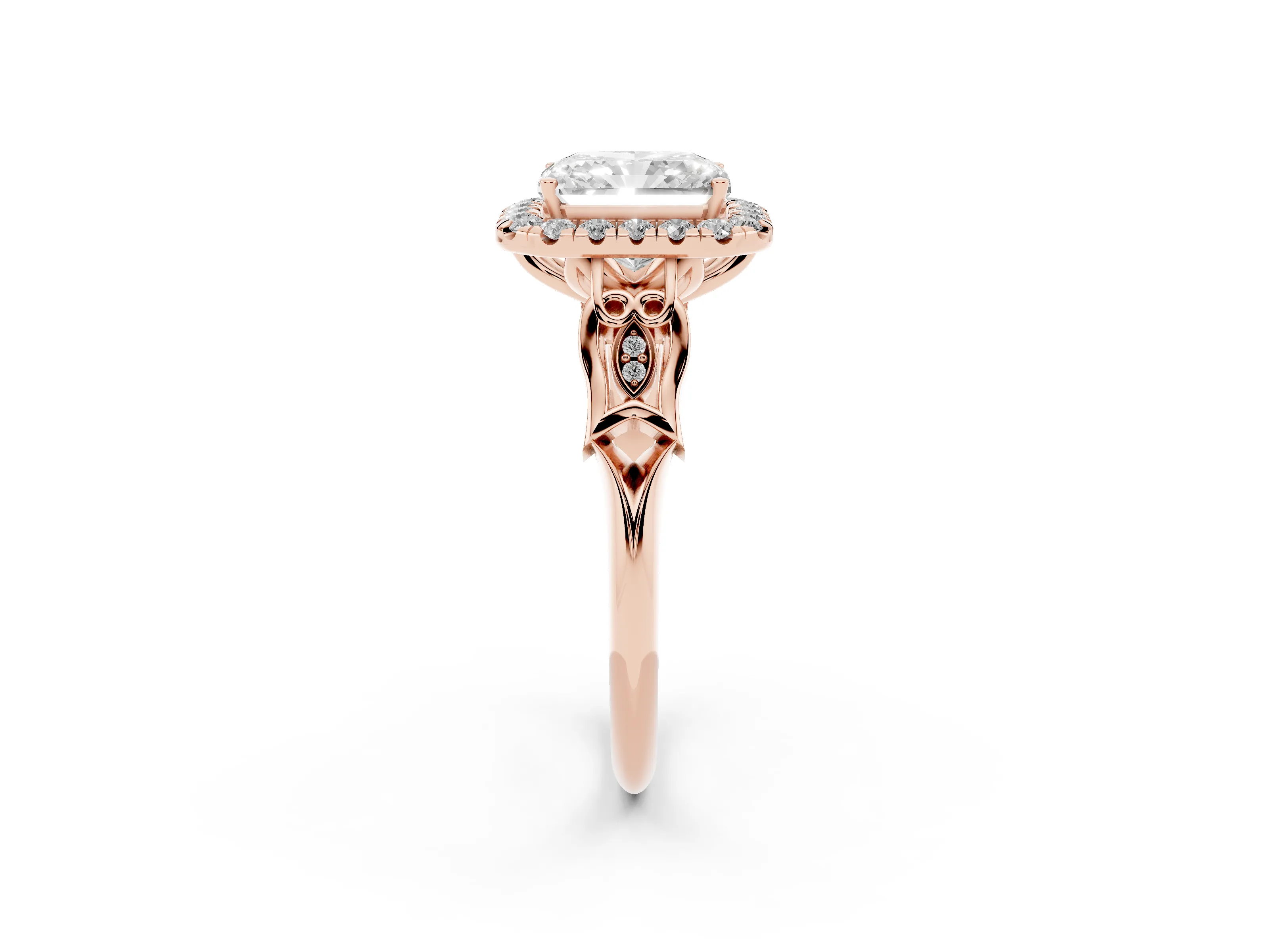 Radiant Cut Diamond Halo Engagement Ring Set in Rose gold with Filigree Band and Prong-Set Center