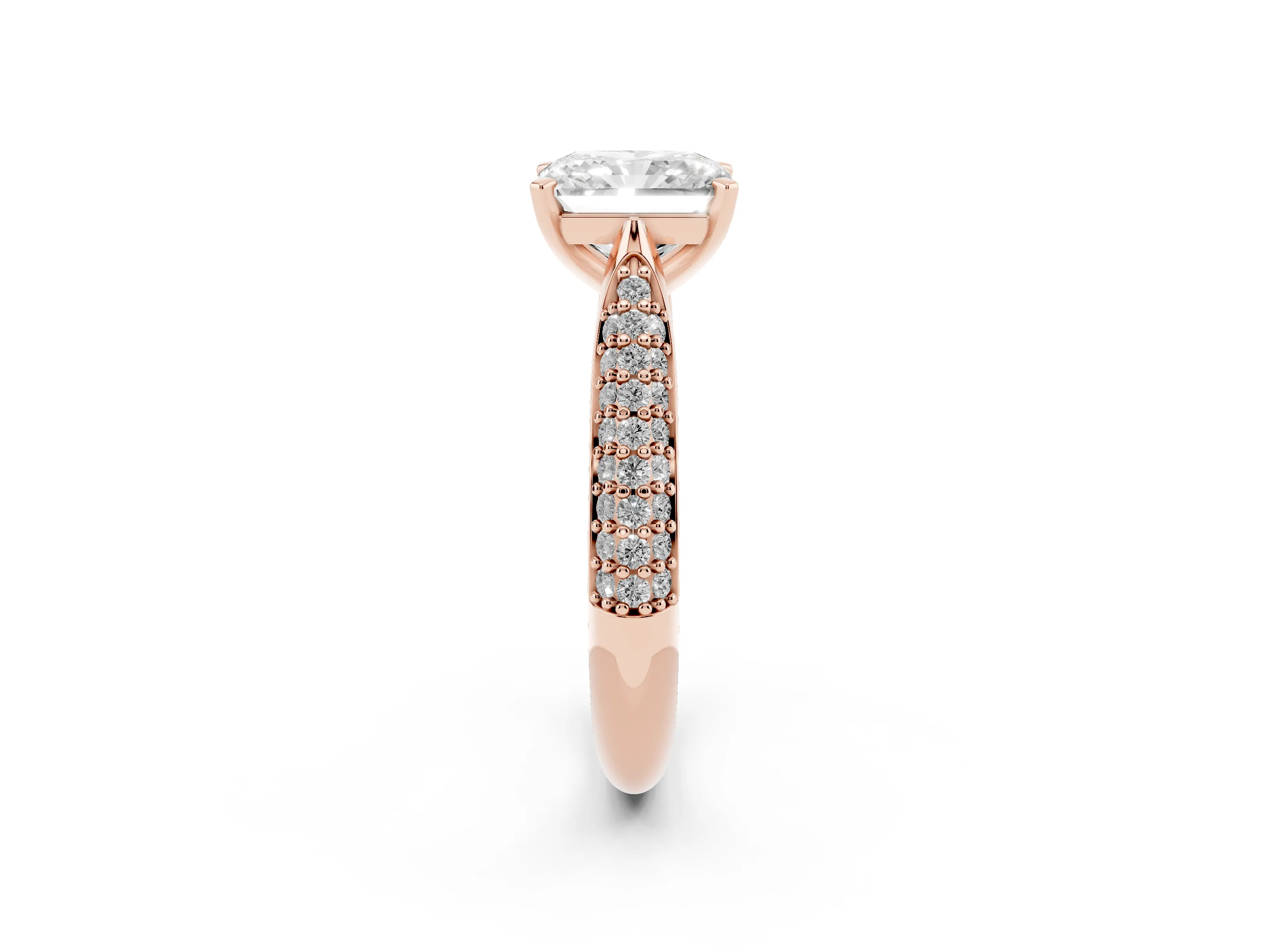 Radiant Cut Diamond Solitaire Engagement Ring Set in Rose gold with Multi-Row Round Pavé Band and Prong Setting