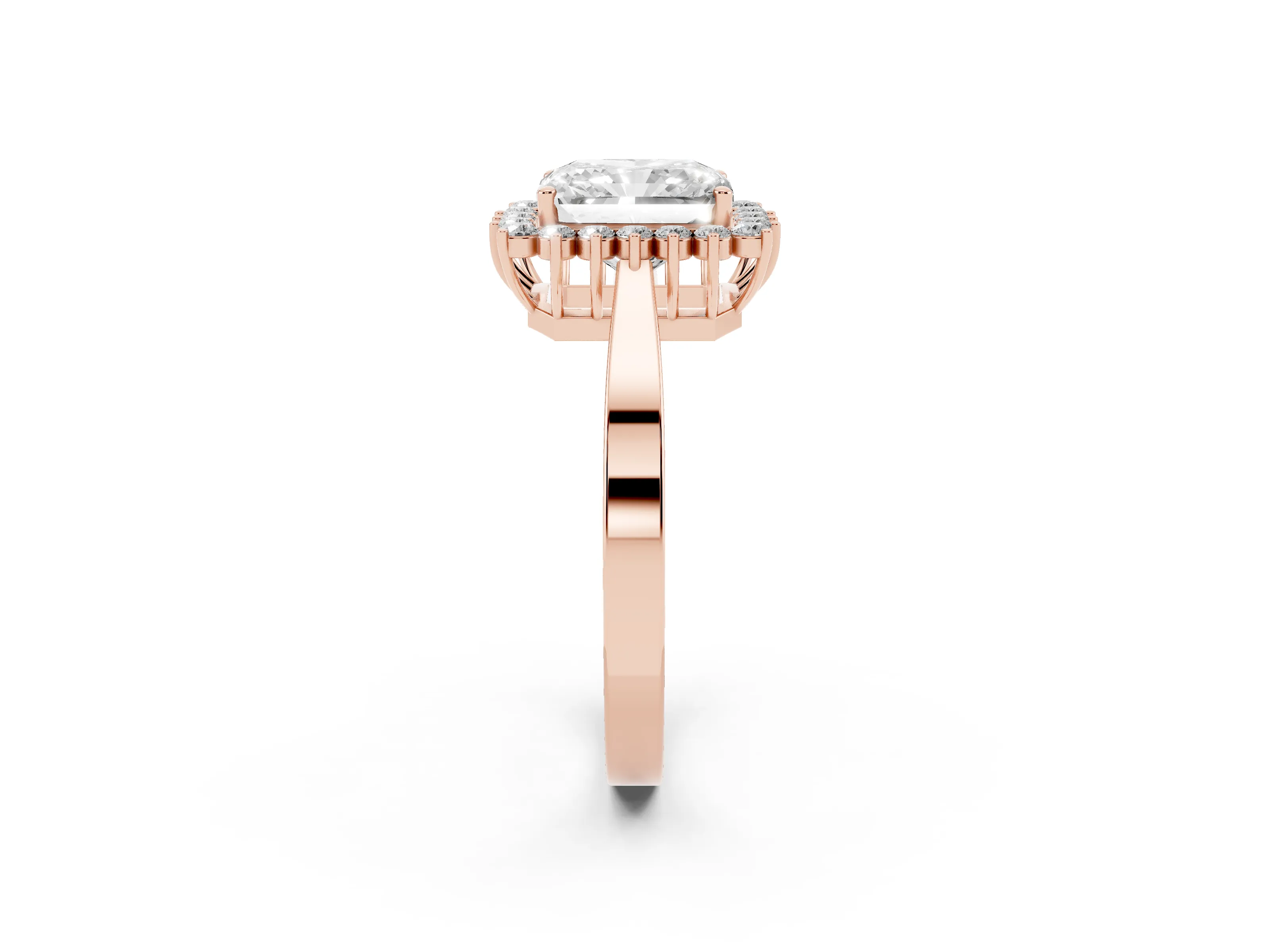 Radiant Cut Diamond Halo Ring Set in Rose gold with Round Halo and Smooth Solitaire Band