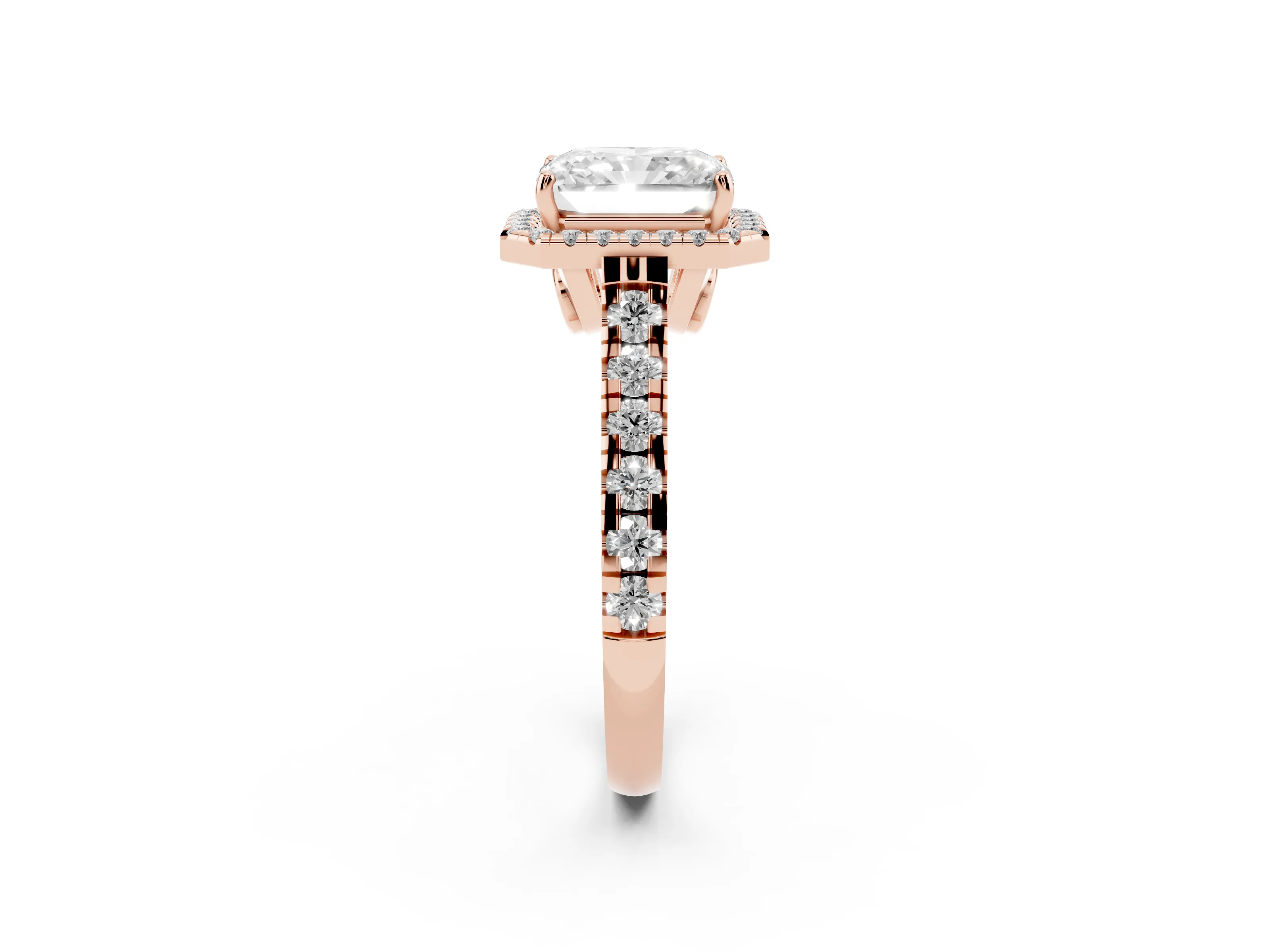 Radiant Cut Diamond Halo Engagement Ring Set in Rose gold with Pavé Band and Prong-Set Center
