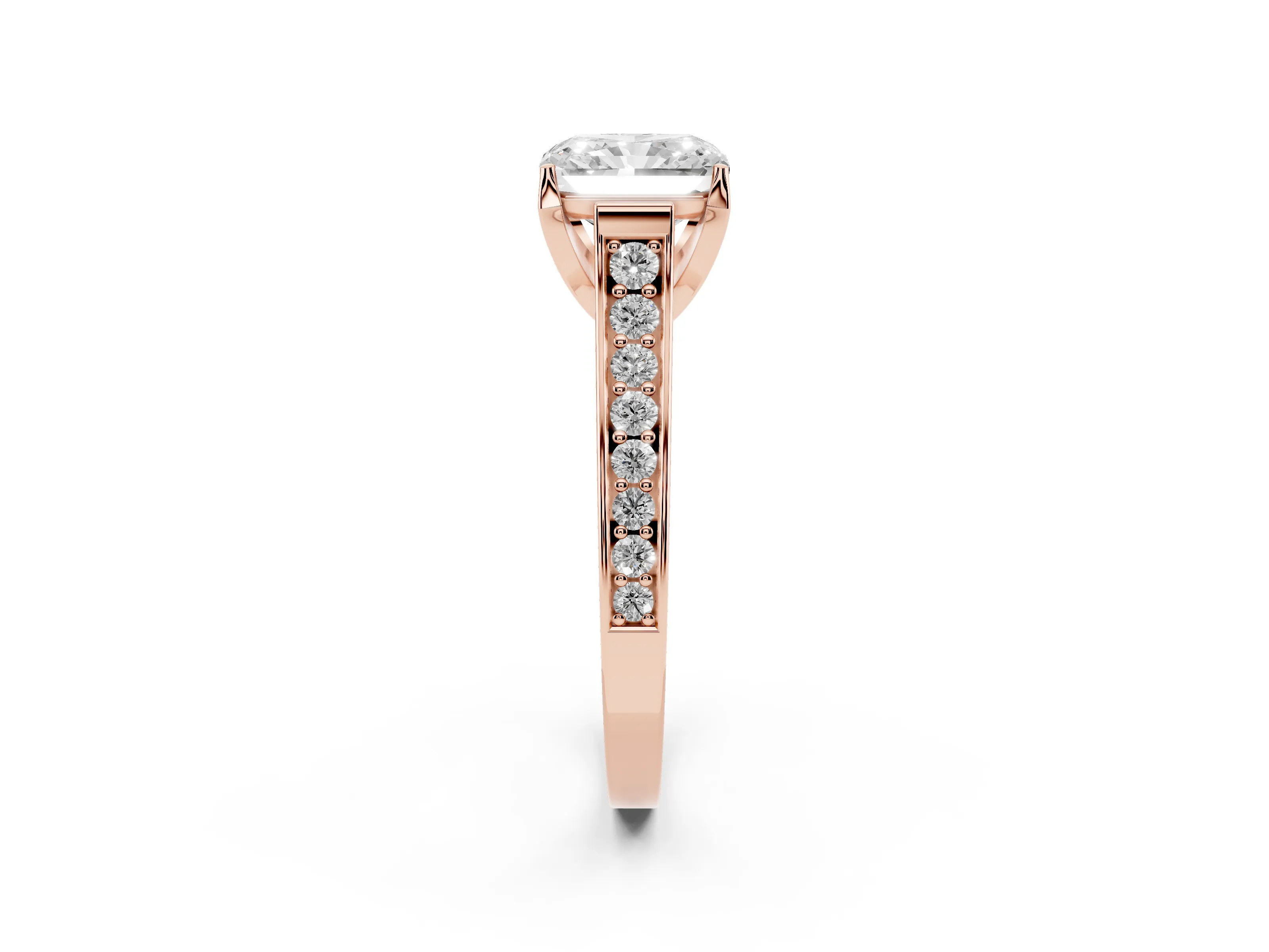 Radiant Cut Diamond Solitaire Pavé Engagement Ring Set in Rose gold with Prong Setting