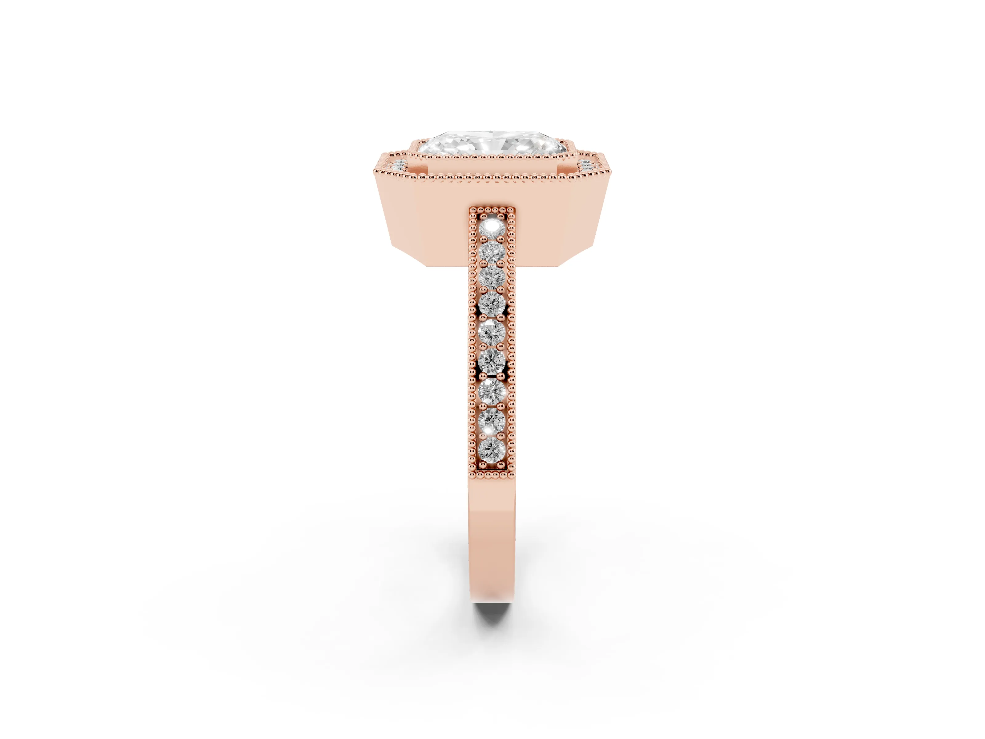 Radiant Cut Diamond Round Halo Ring Set in Rose gold with Pavé Band