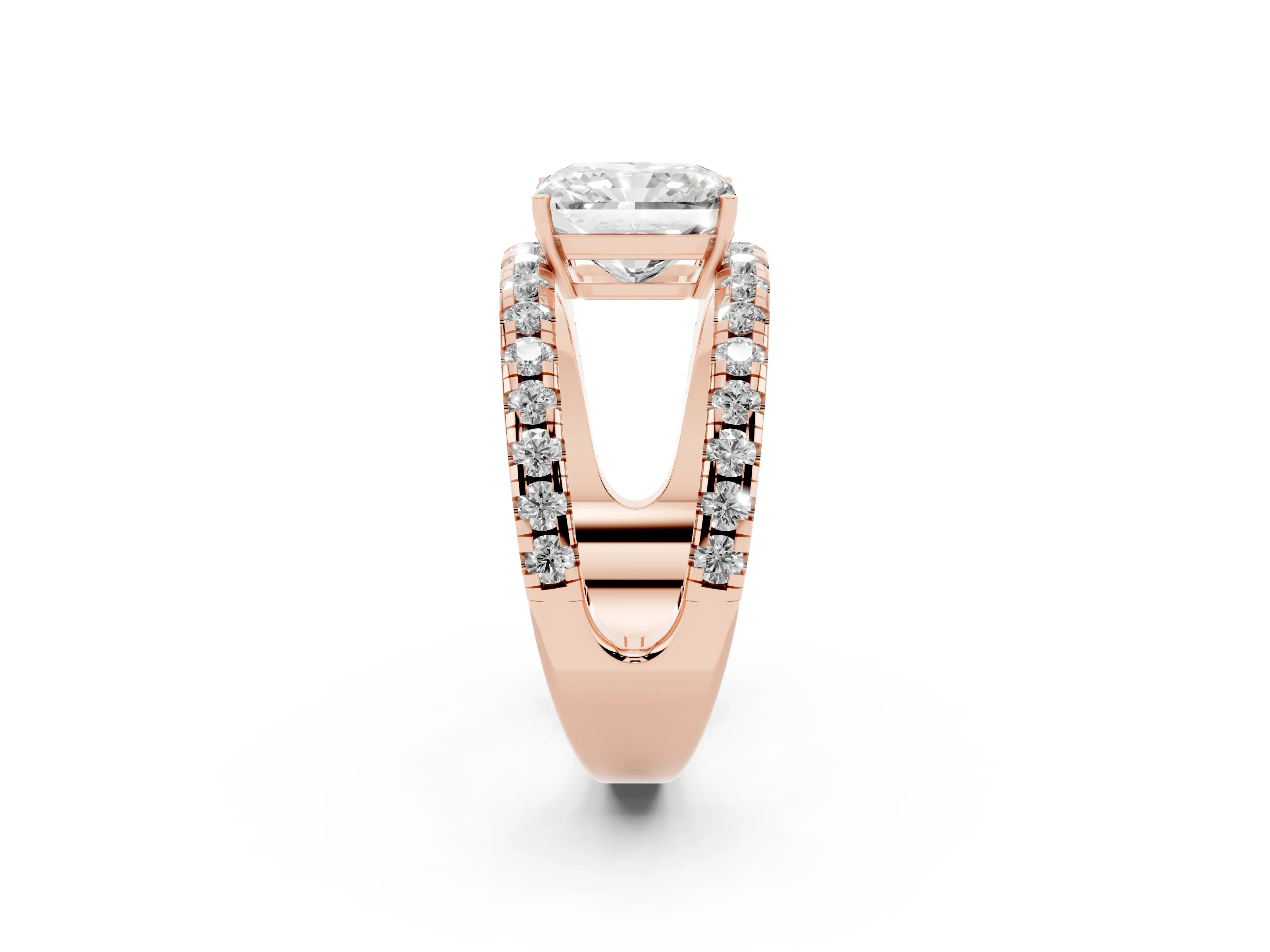 Radiant Cut Diamond Split Shank Pavé Solitaire Ring Set in Rose gold with Open Shank Design