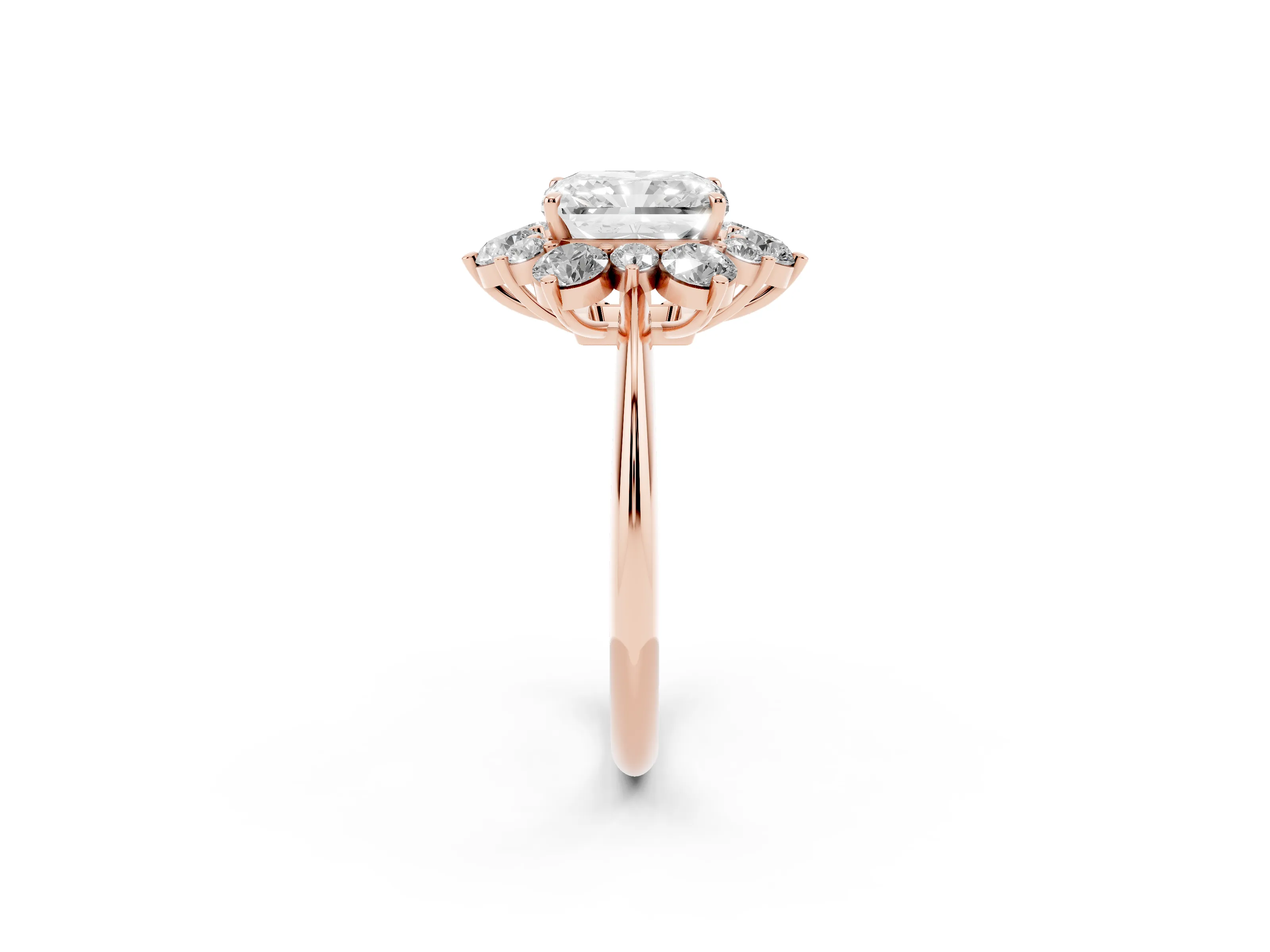Radiant Cut Diamond Cluster Halo Ring Set in Rose gold with Solitaire Band and Prong Setting