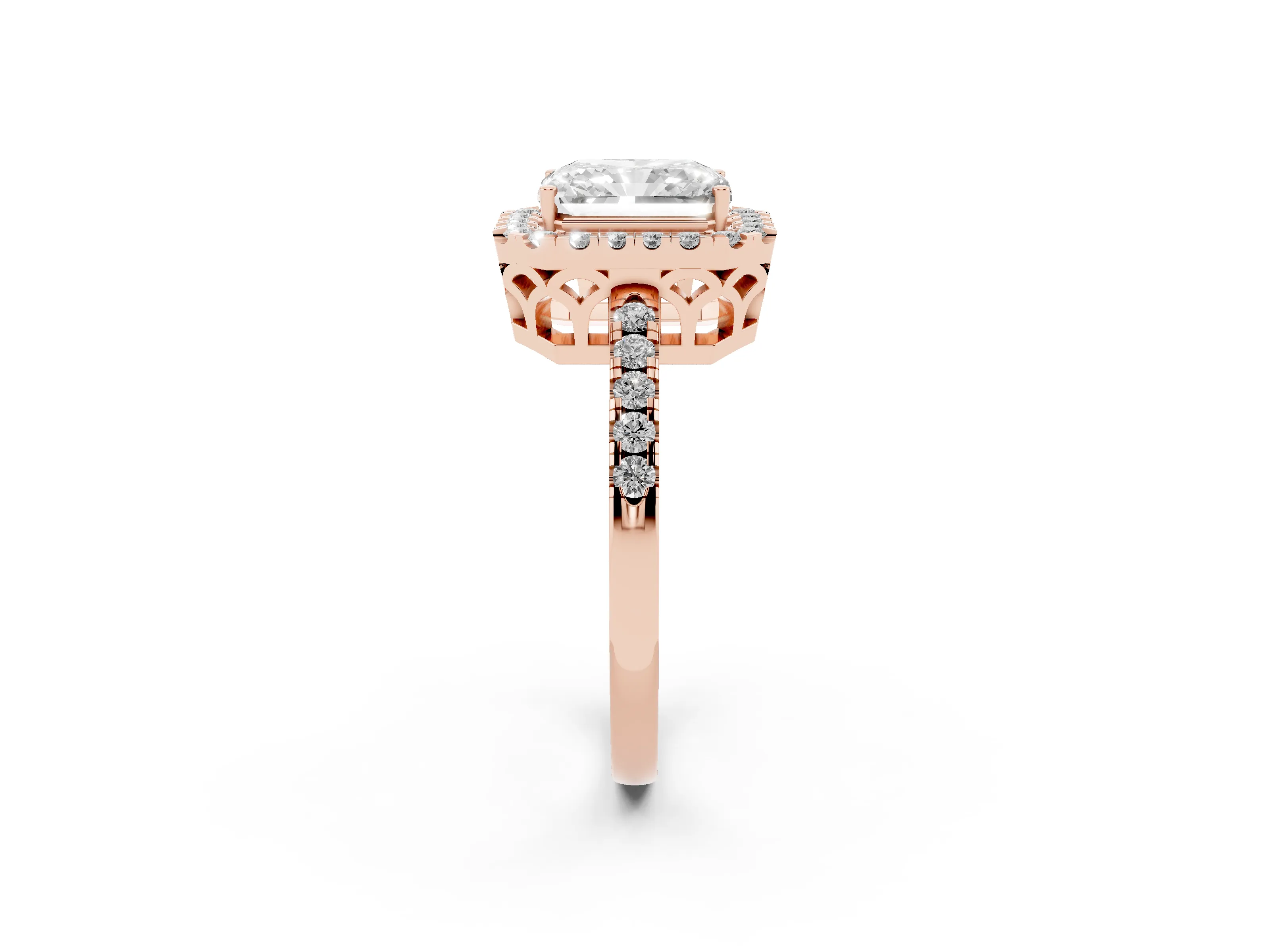 Radiant Cut Diamond Pavé Band Halo Engagement Ring Set in Rose gold with Prong Setting