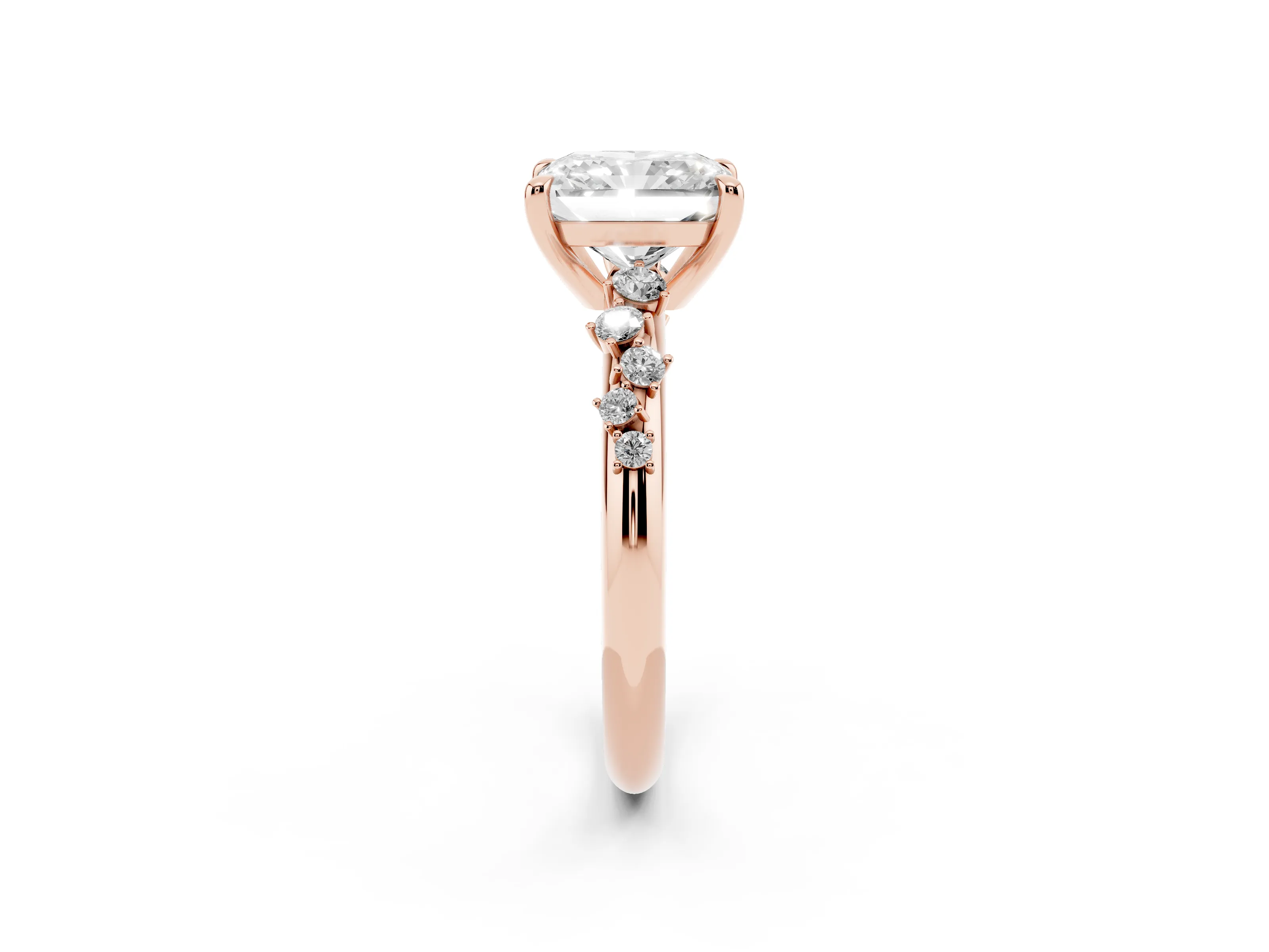 Radiant Cut Diamond Solitaire Vine Band Ring Set in Rose gold with Round Accents and Prong Setting