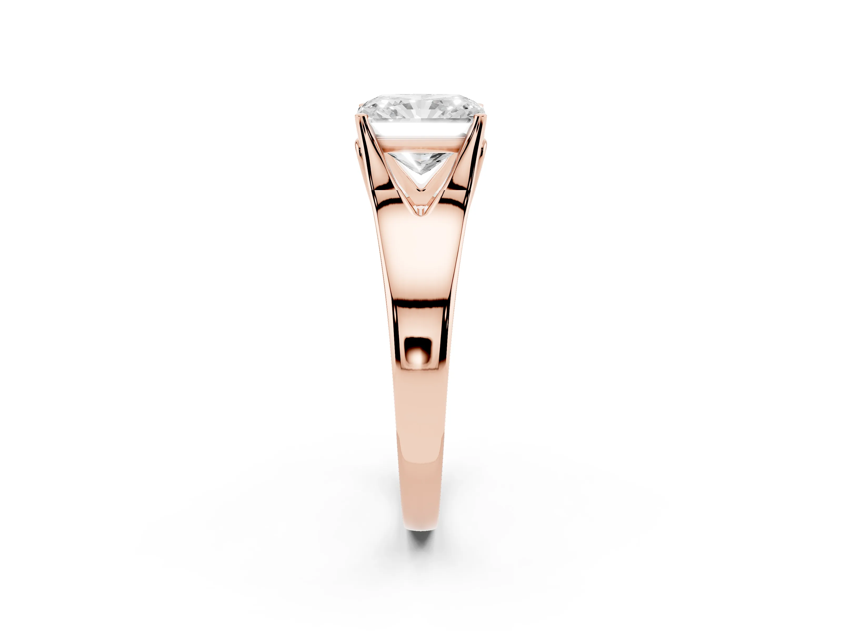 Radiant Cut Diamond Solitaire Ring Set in Rose gold with Arched Cathedral Band and Prong Setting