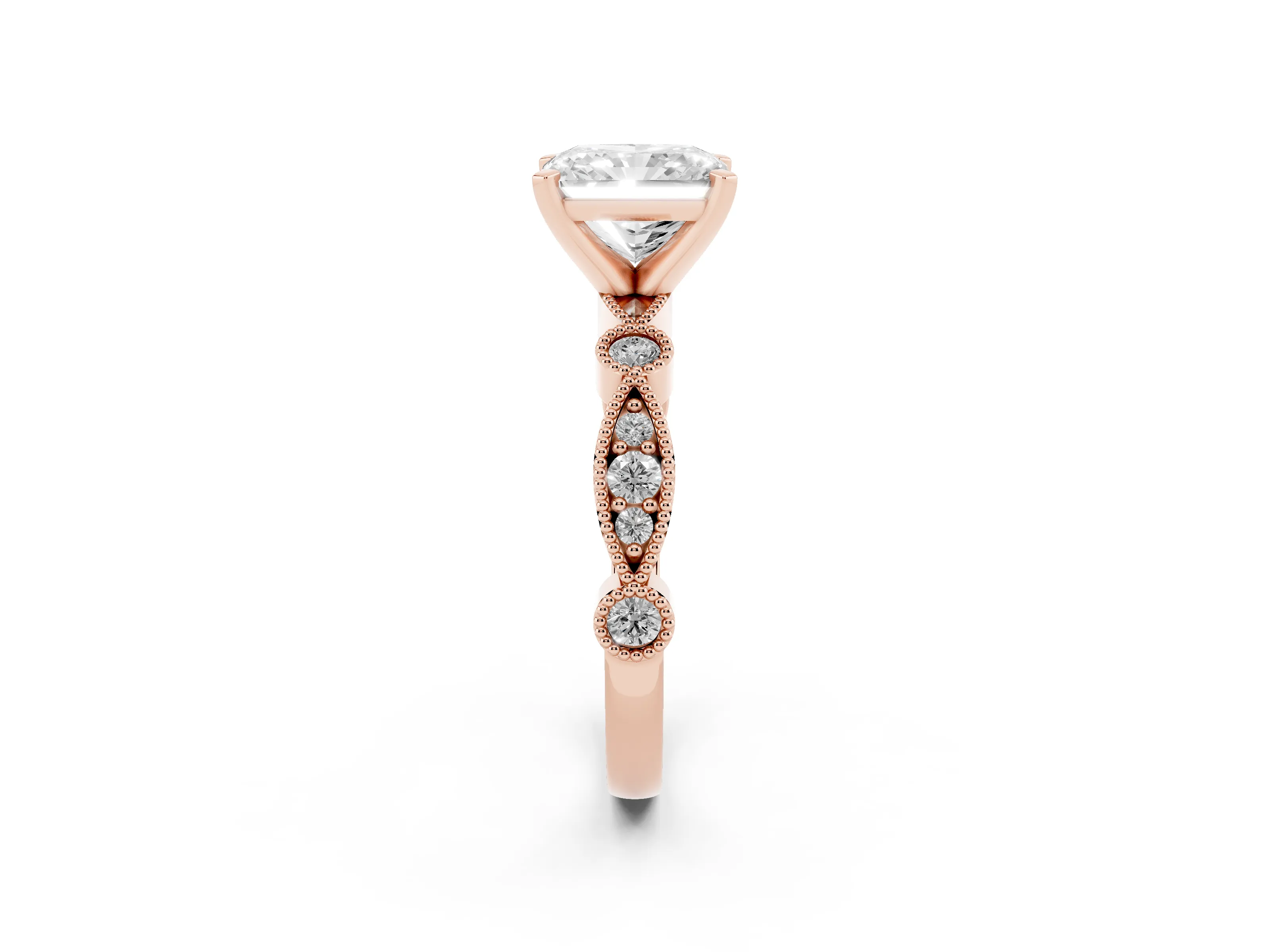 Radiant Cut Diamond Solitaire Engagement Ring Set in Rose gold with Milgrain Bezel Accent Band